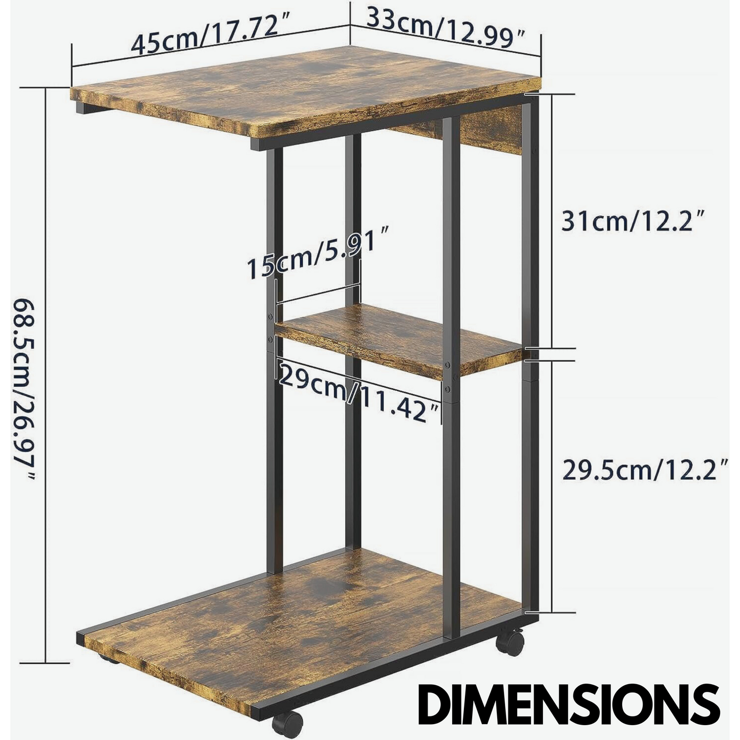 c shaped side table with 3 shelves & wheels