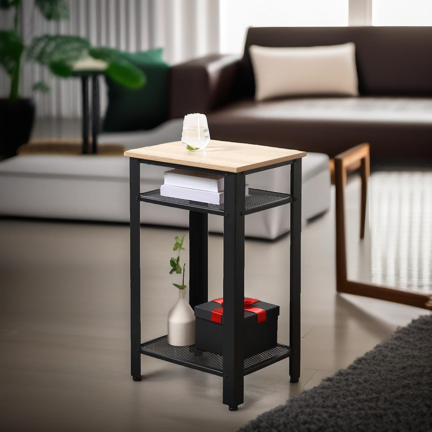 3 tier side table with mesh shelves