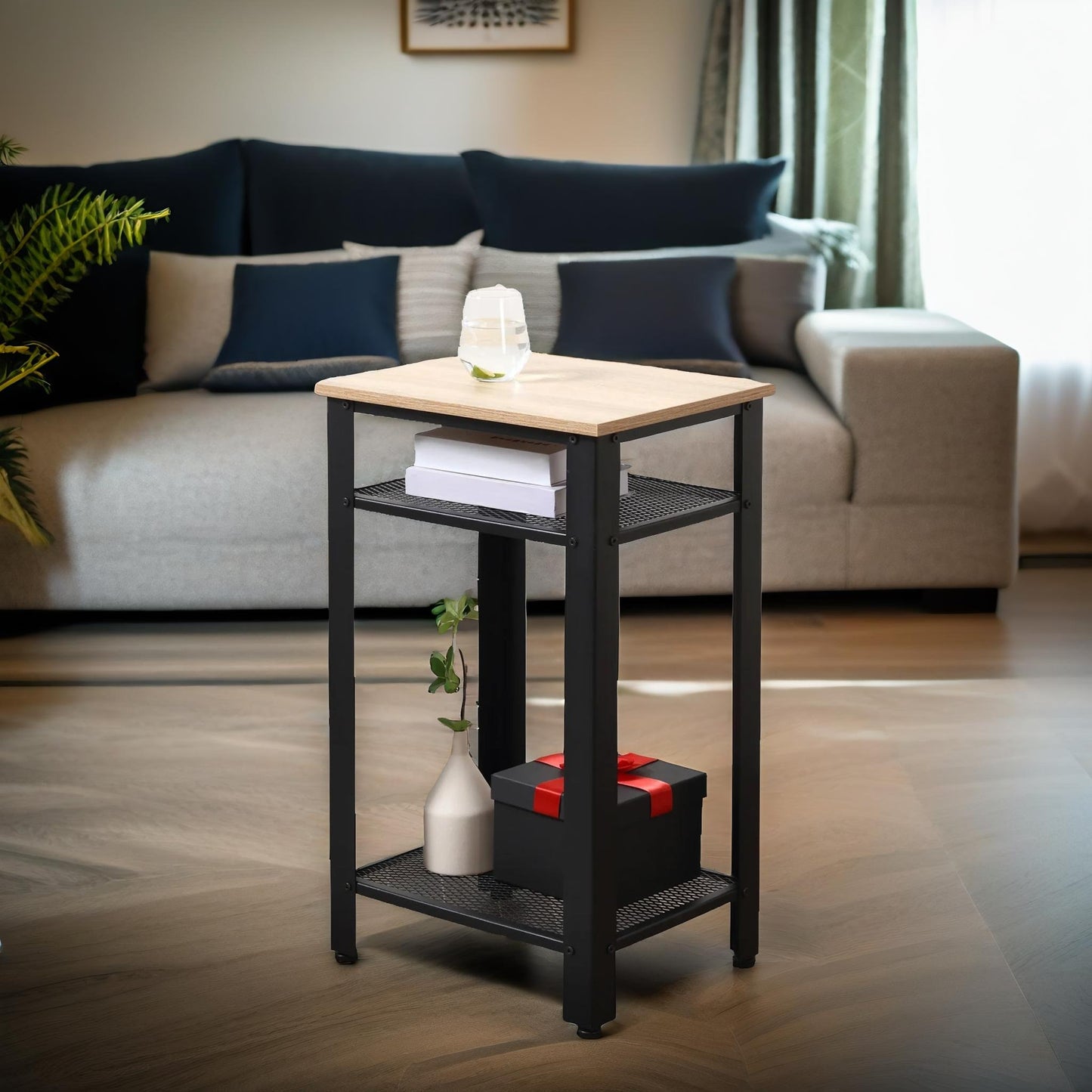 3 tier side table with mesh shelves