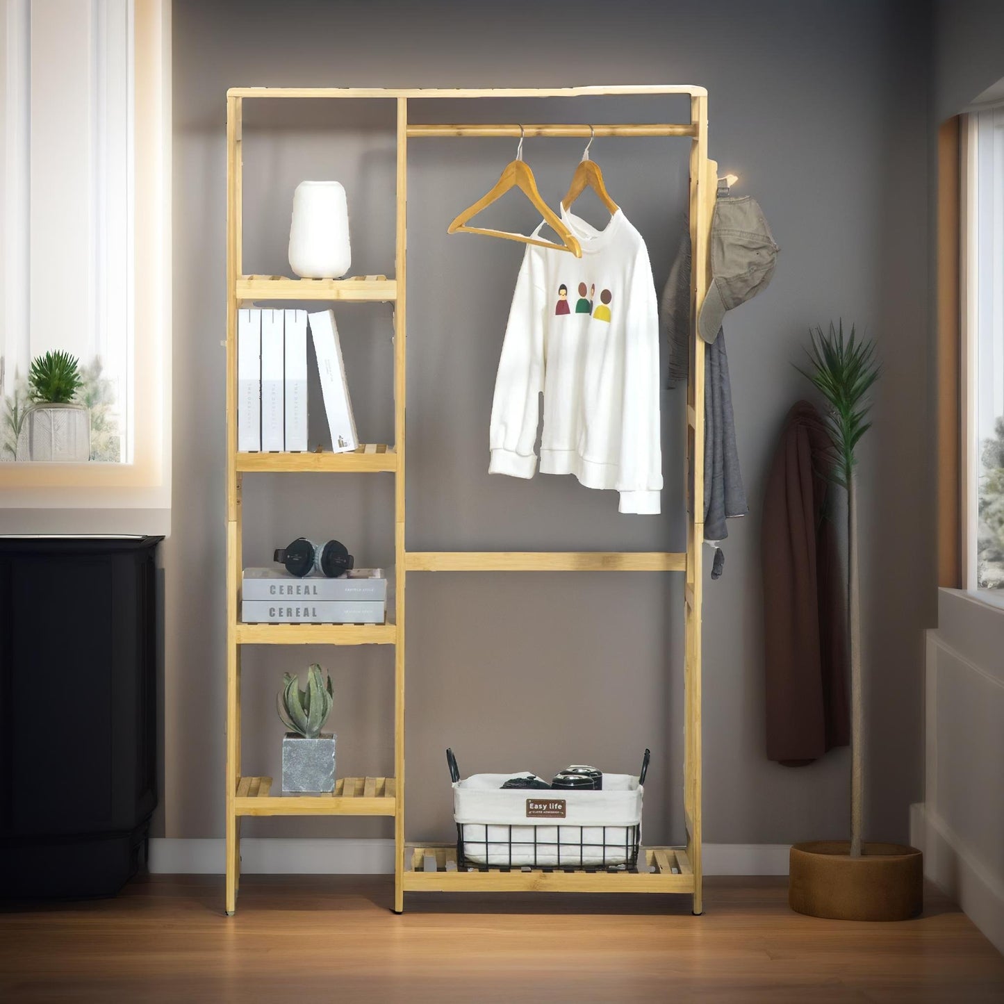 bamboo 155cm tall open wardrobe with shelves