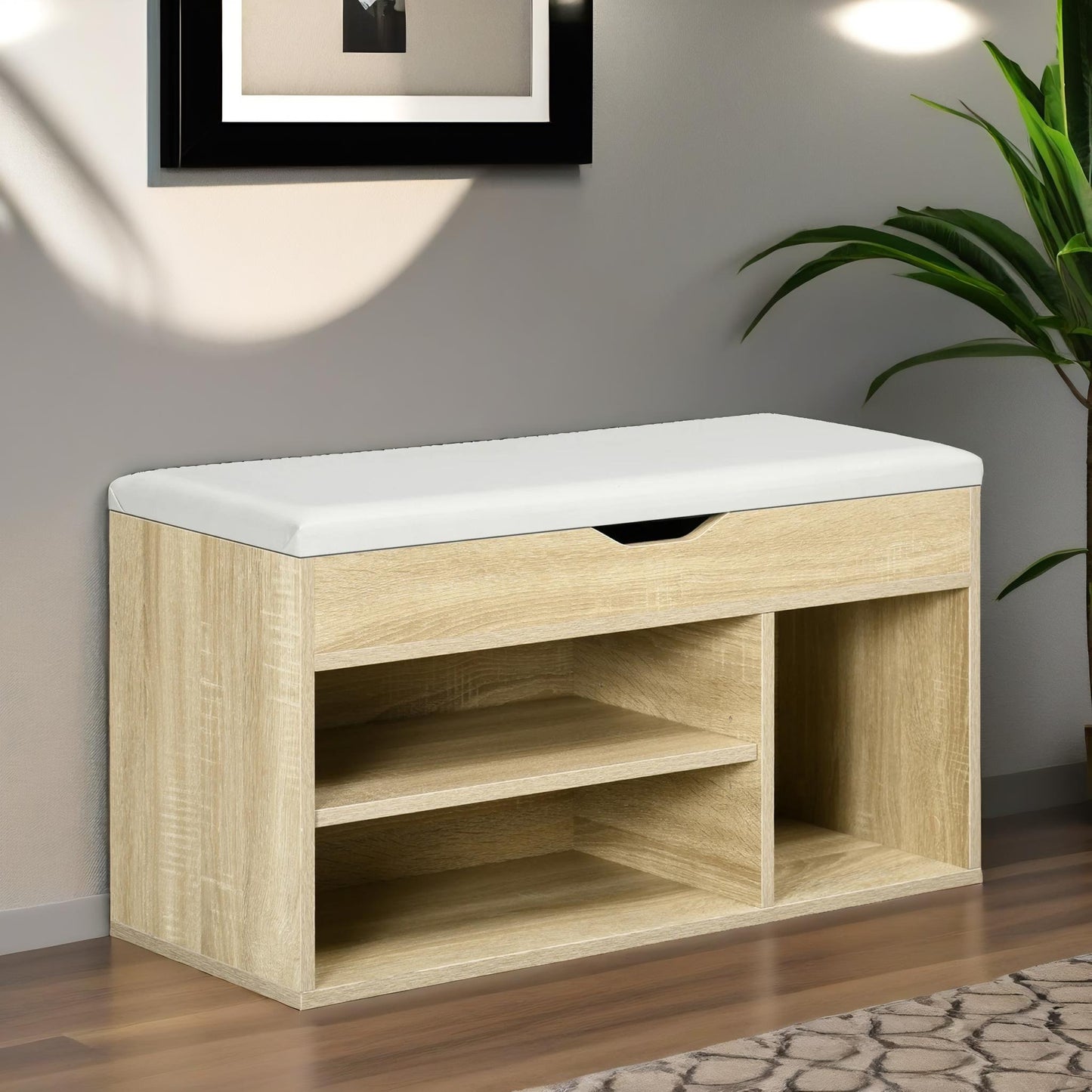 industrial shoe storage bench with cushion seat oak