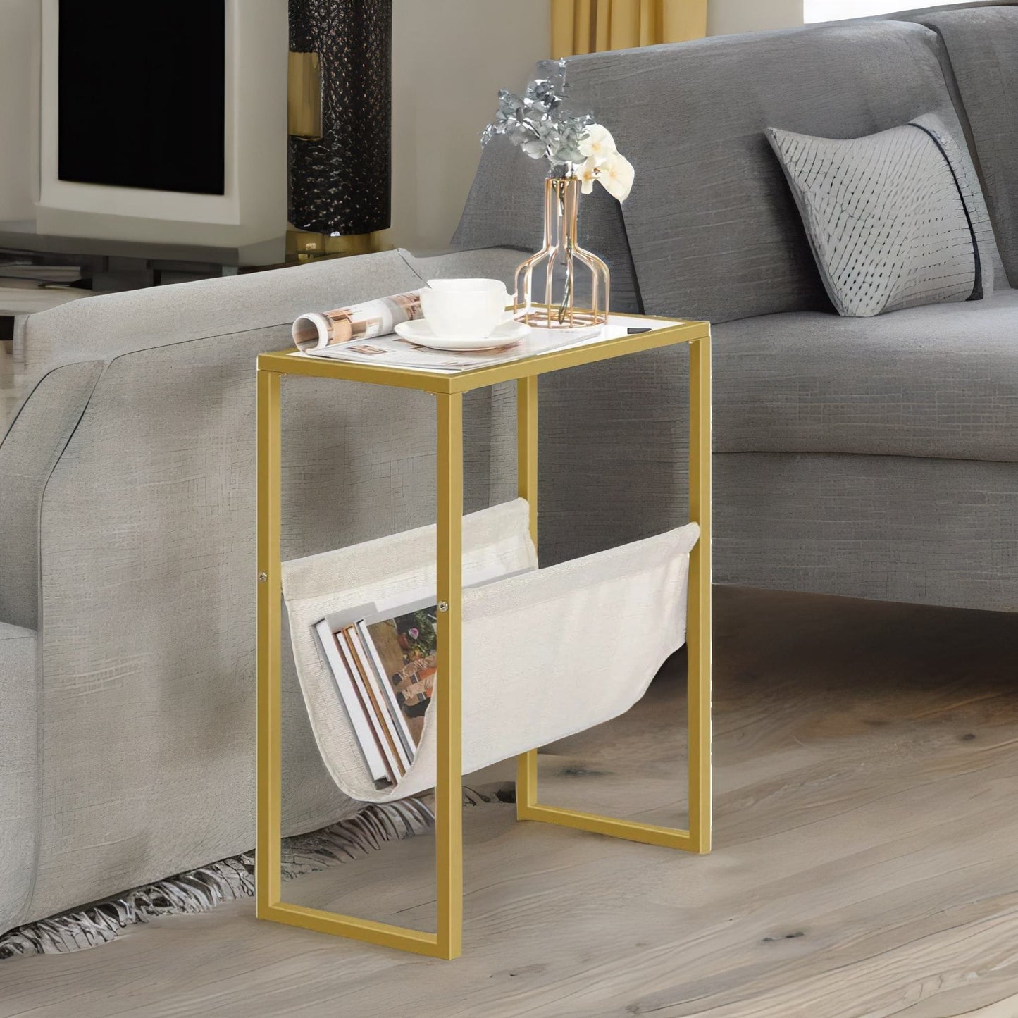 sofa end table with fabric magazine holder