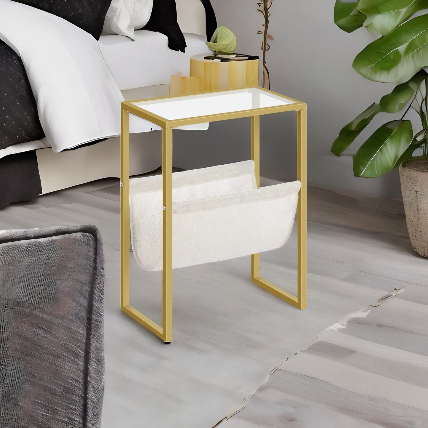 sofa end table with fabric magazine holder