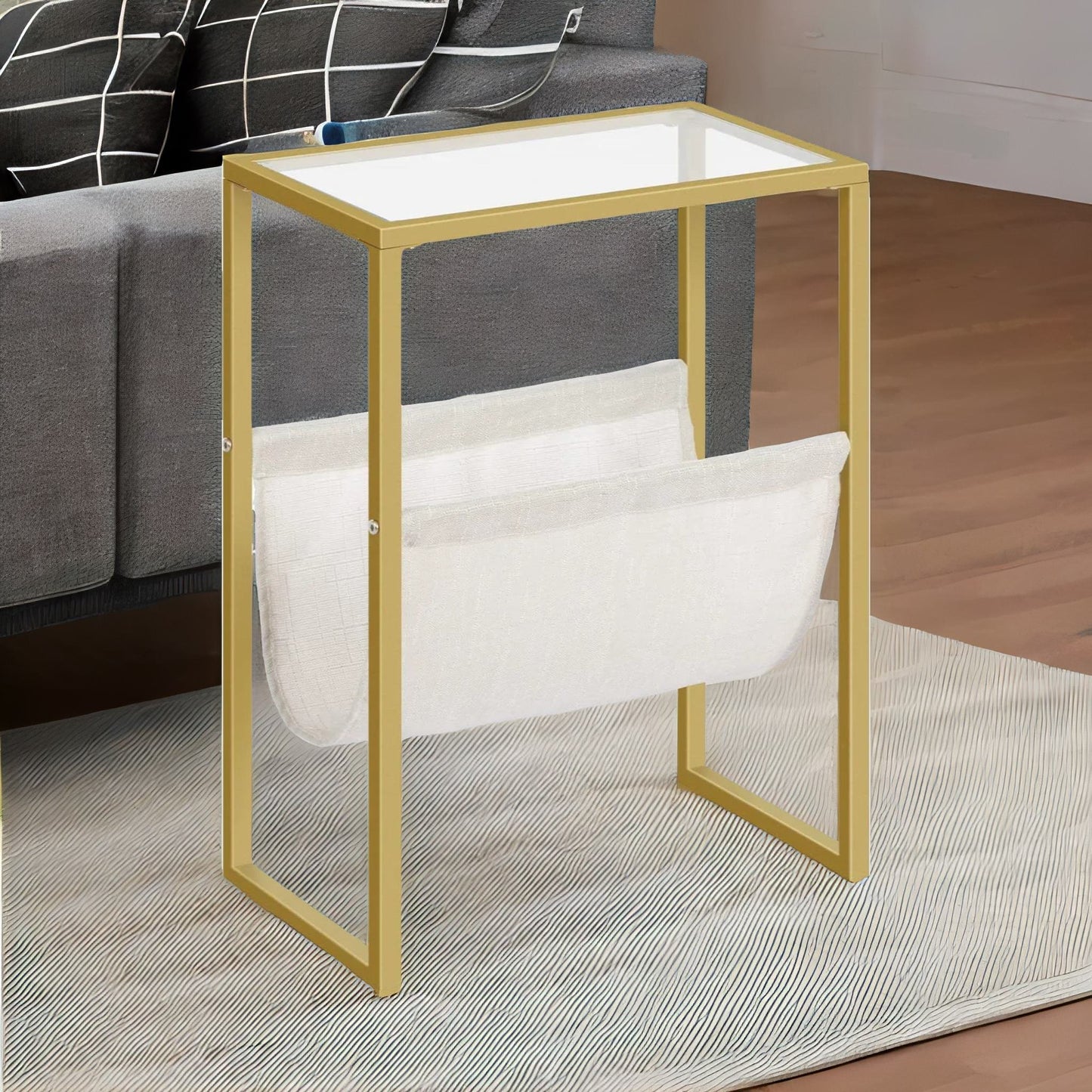 sofa end table with fabric magazine holder