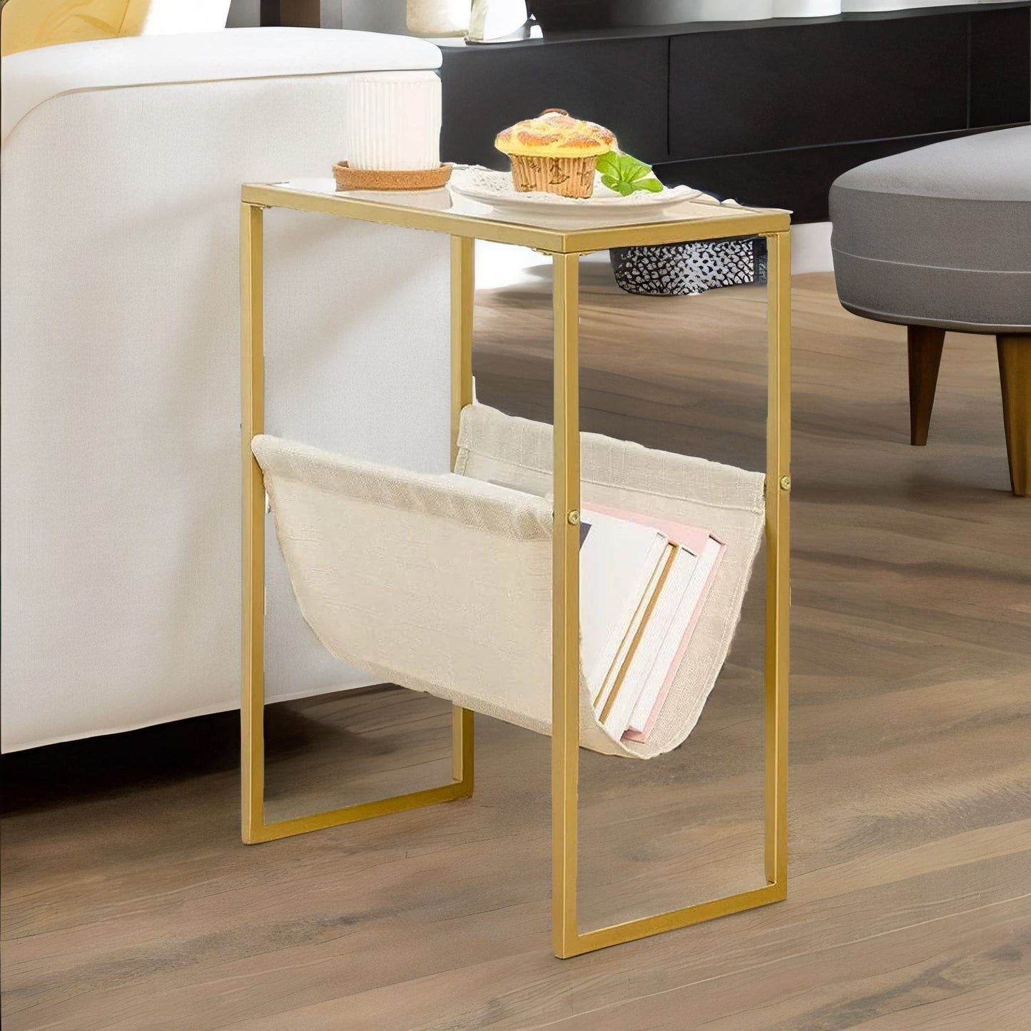 sofa end table with fabric magazine holder