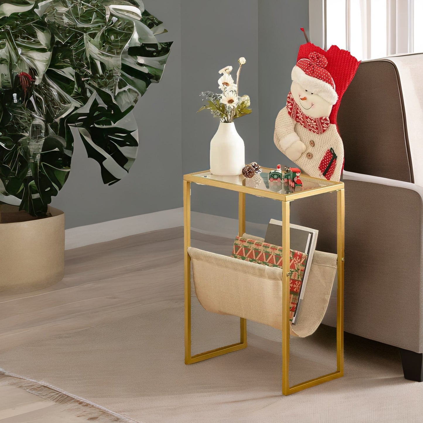 sofa end table with fabric magazine holder