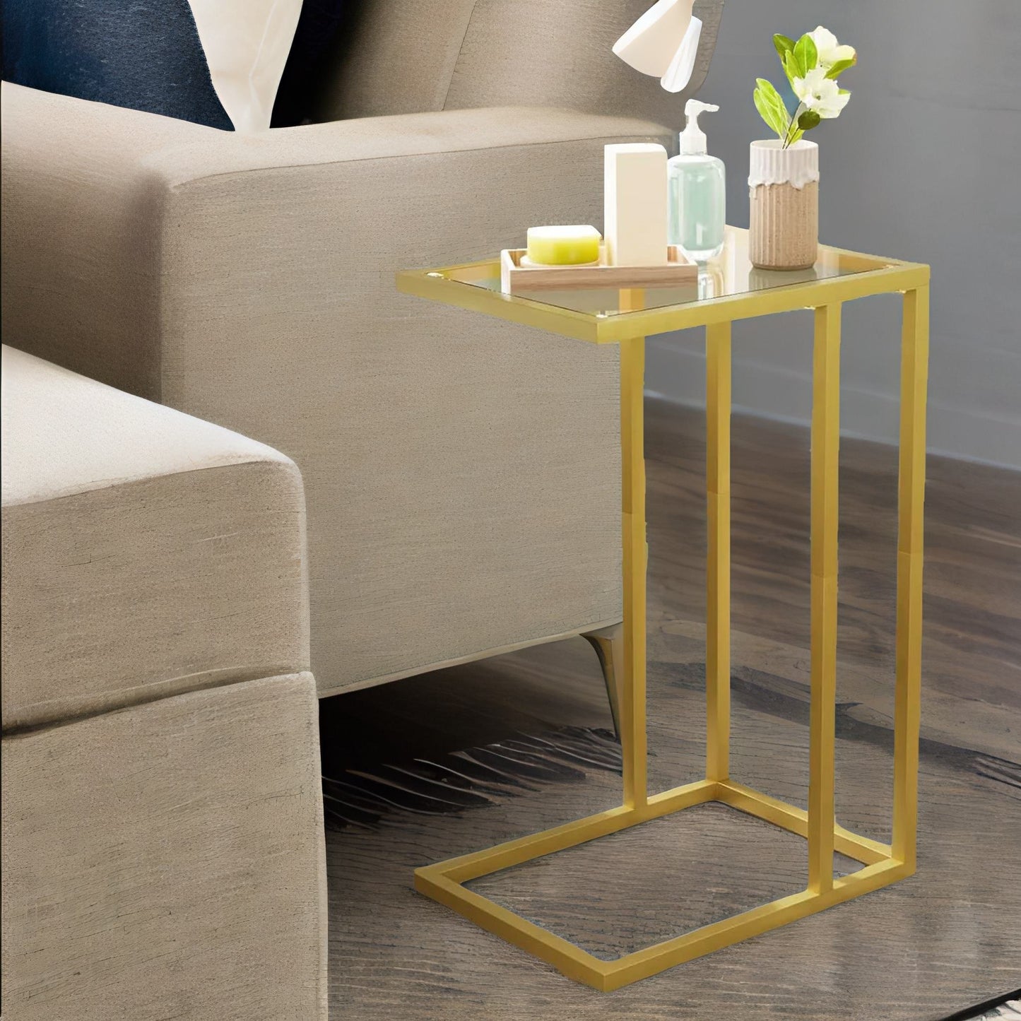 tempered glass gold side table