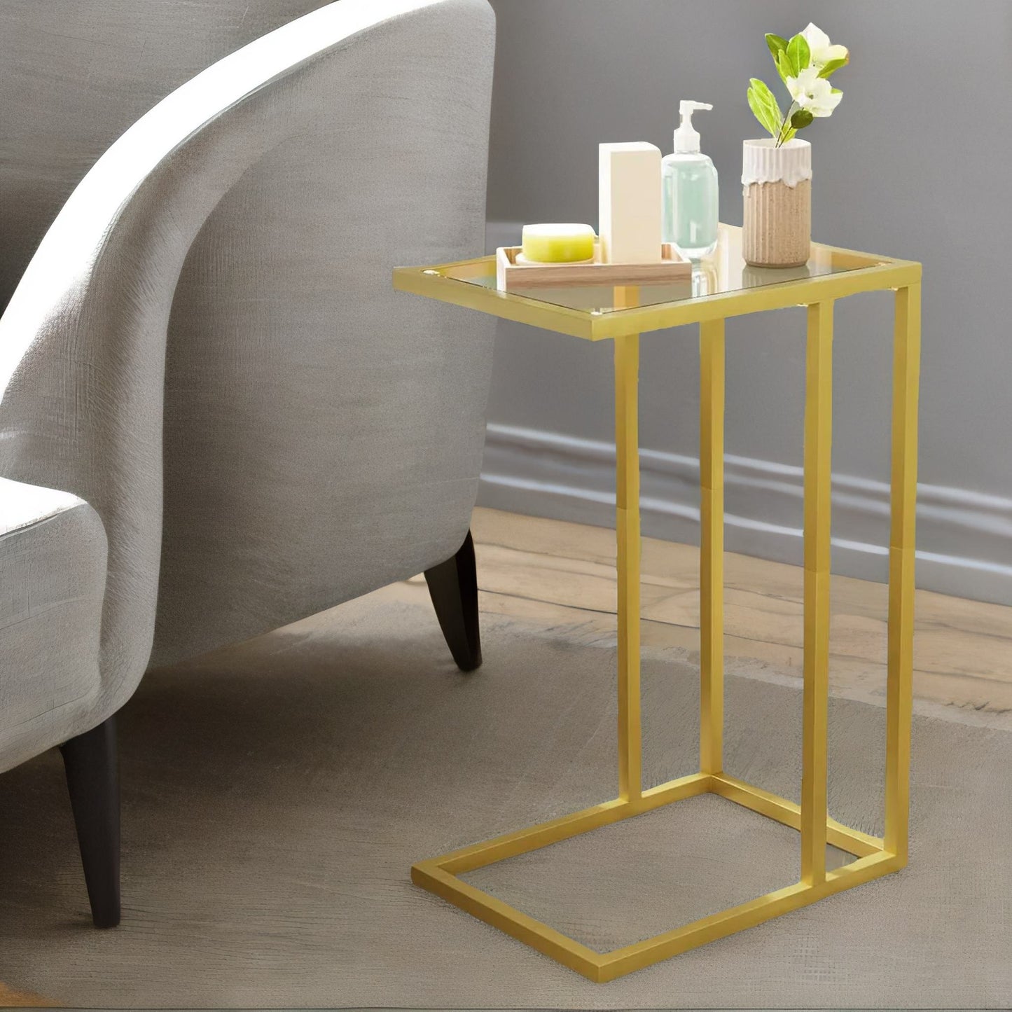 tempered glass gold side table