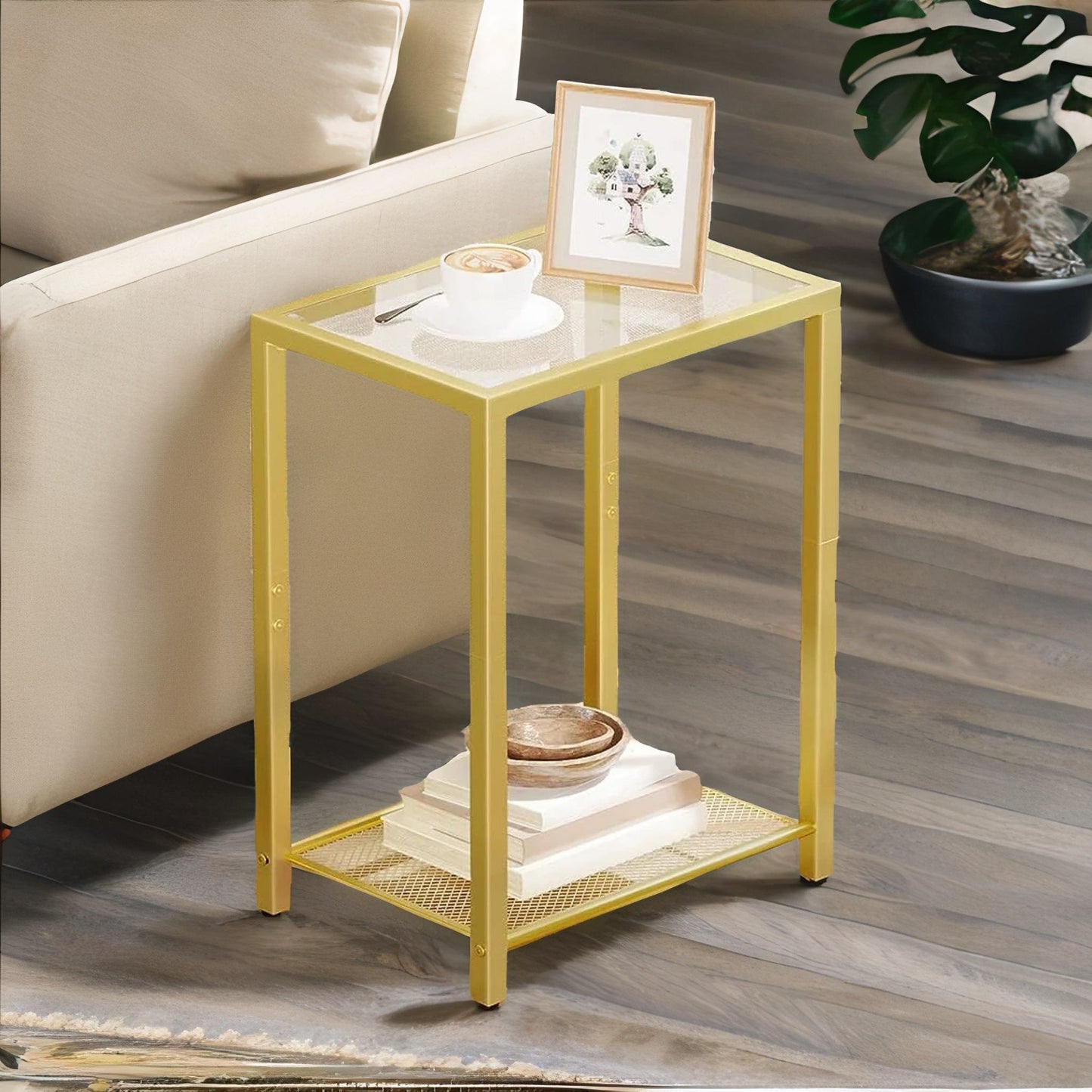 small coffee table with metal mesh shelf