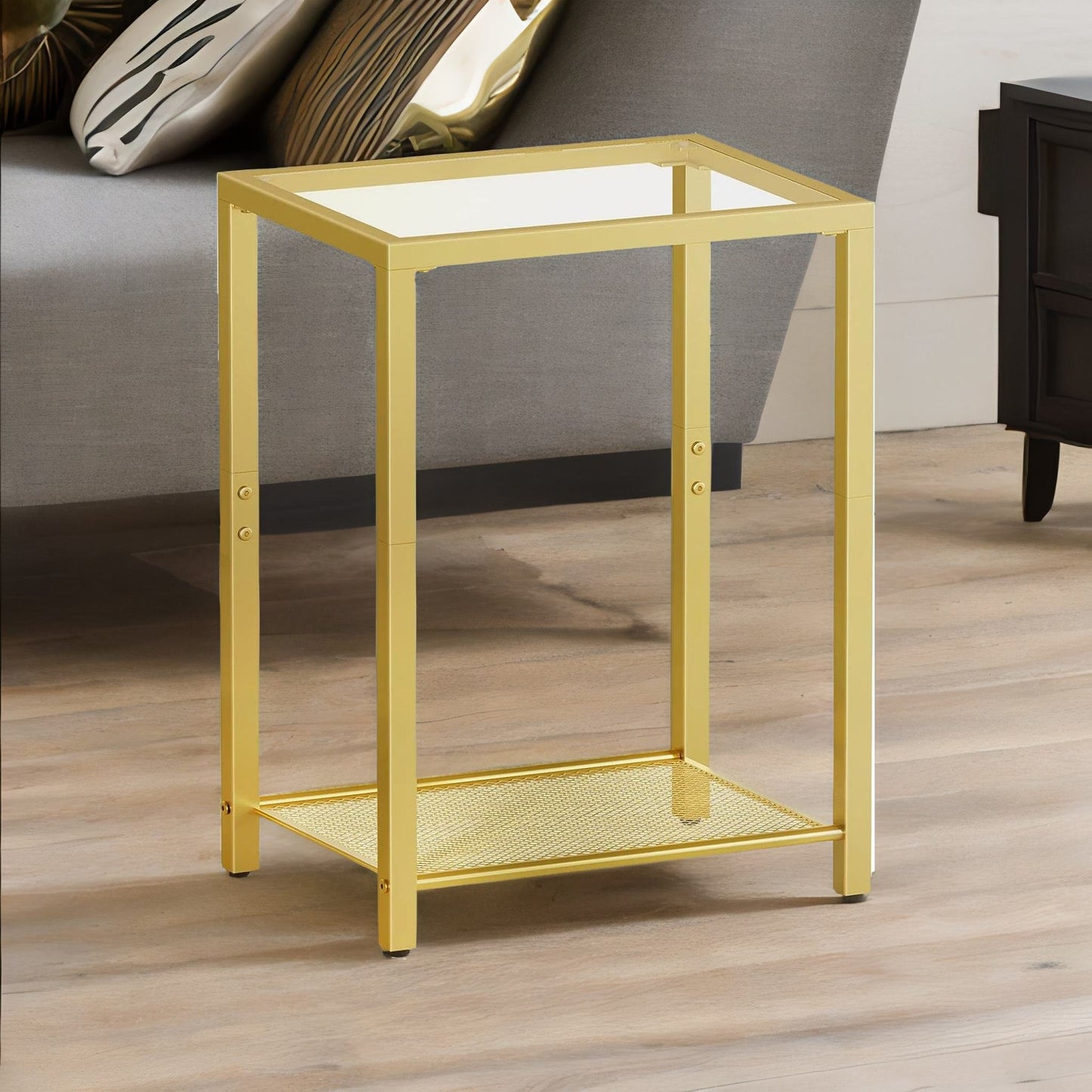 small coffee table with metal mesh shelf