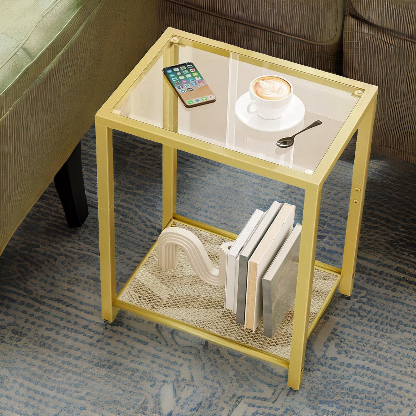 small coffee table with metal mesh shelf