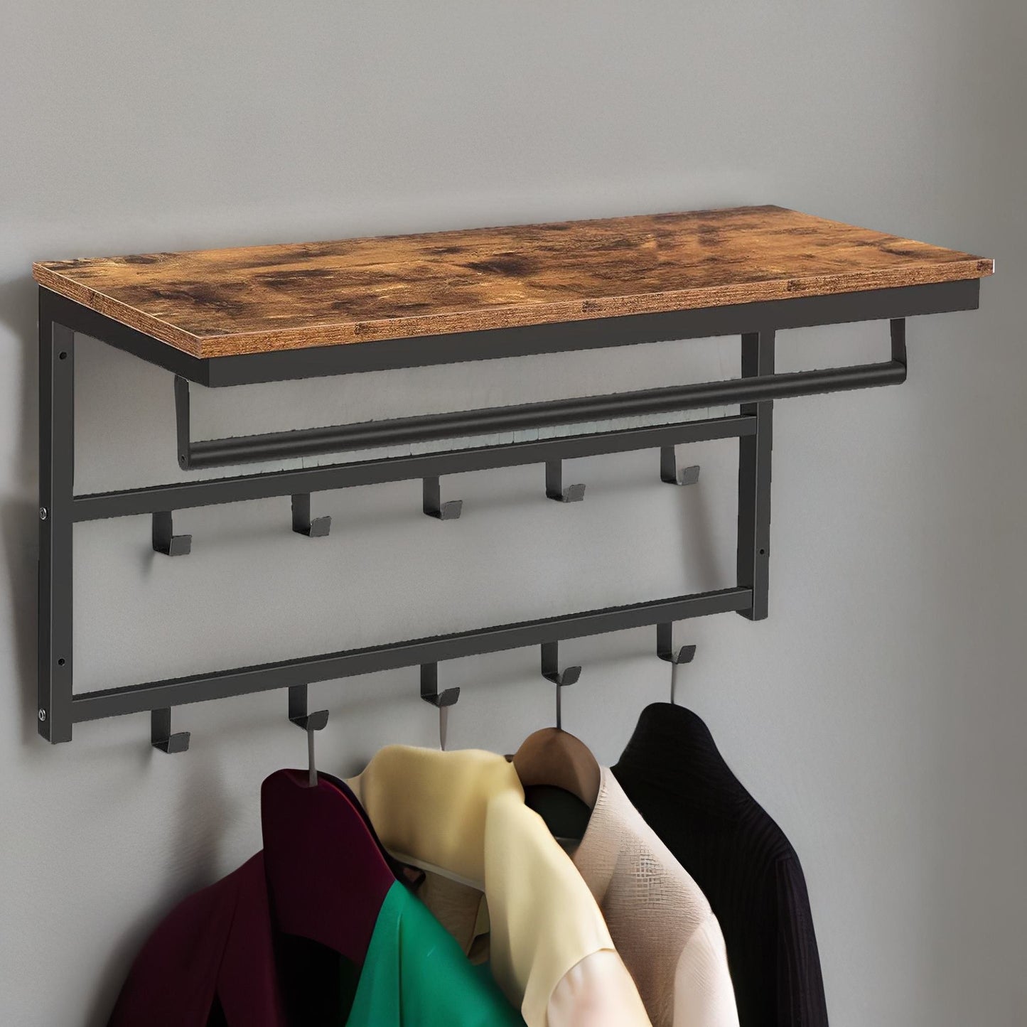 wall-mounted, coat hook with 10 hooks and shelf