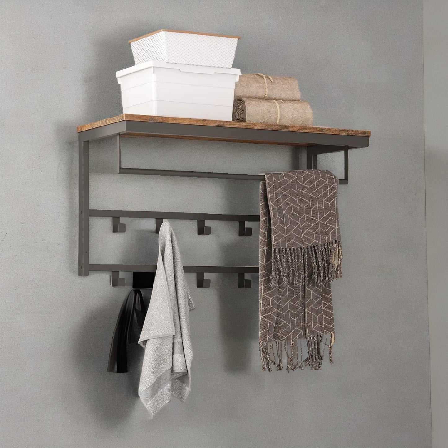 wall-mounted, coat hook with 10 hooks and shelf