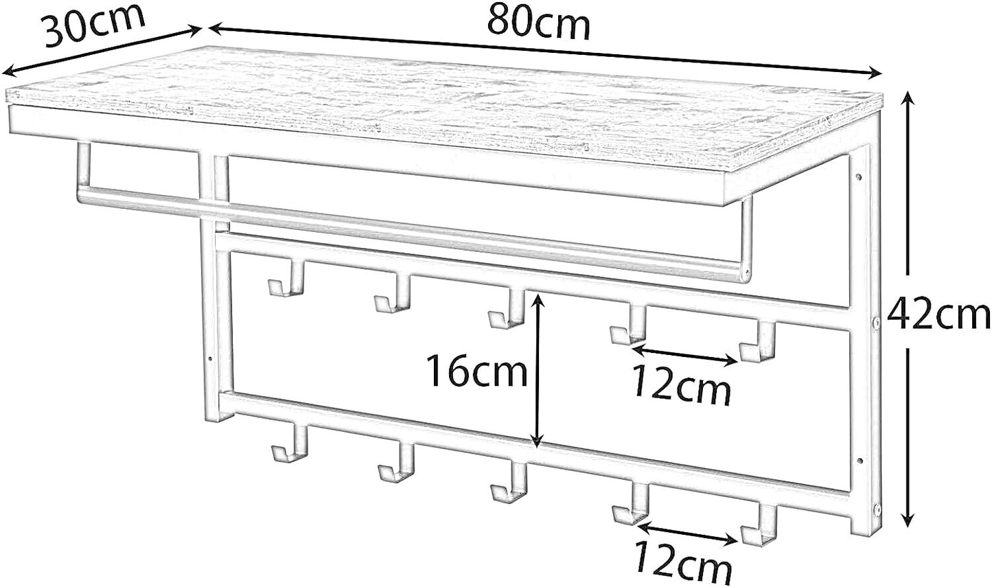 wall-mounted, coat hook with 10 hooks and shelf