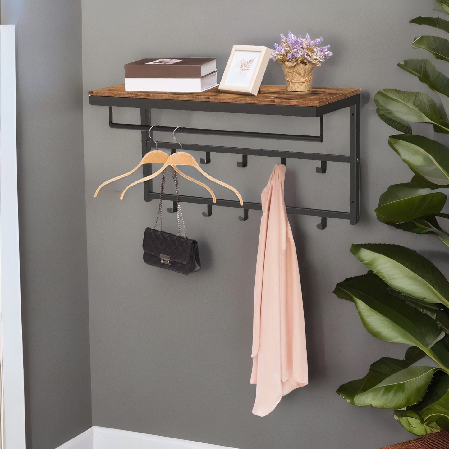 wall-mounted, coat hook with 10 hooks and shelf