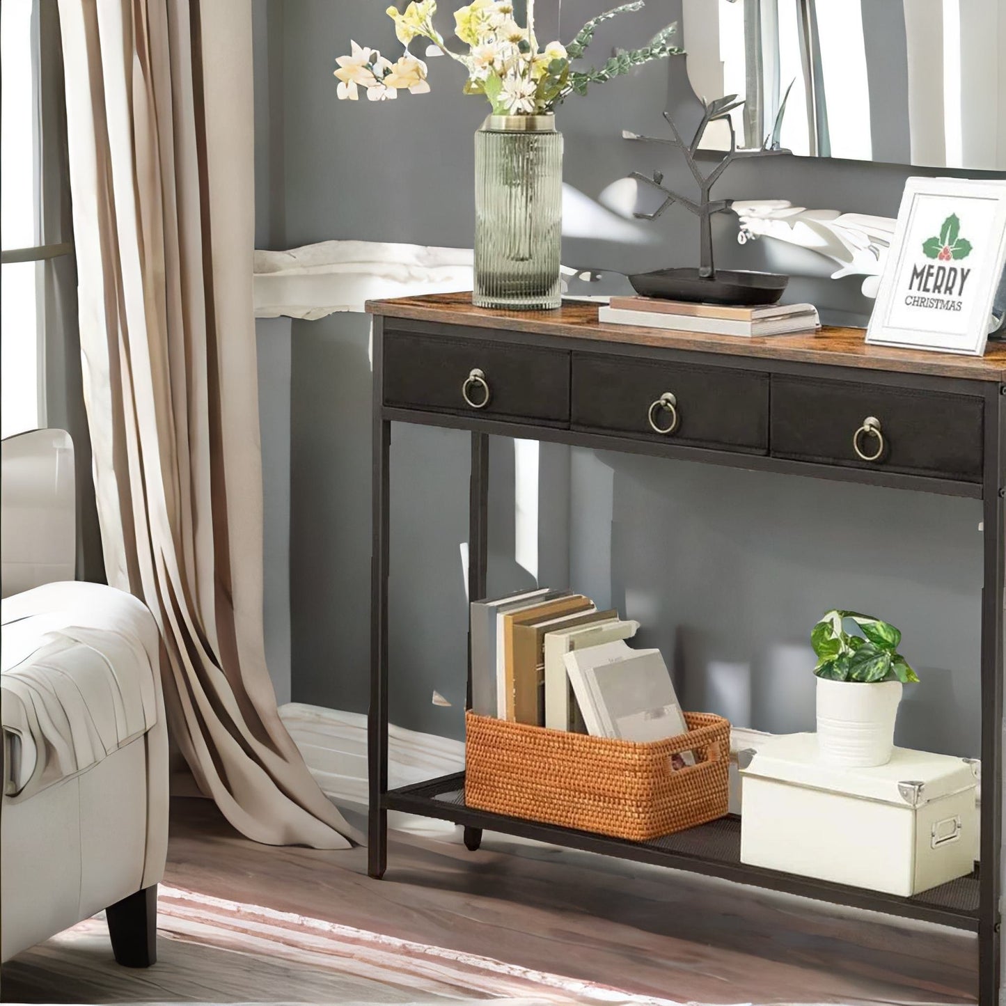 slim sofa table with 3 non-woven drawers