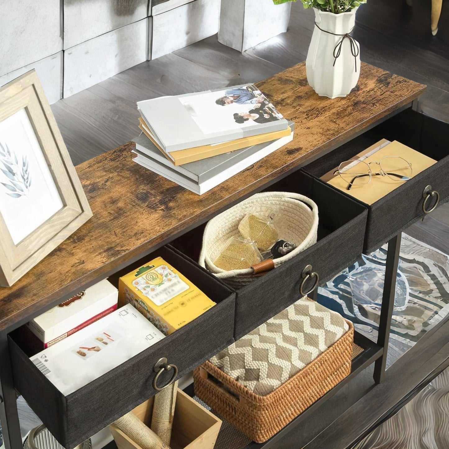 slim sofa table with 3 non-woven drawers