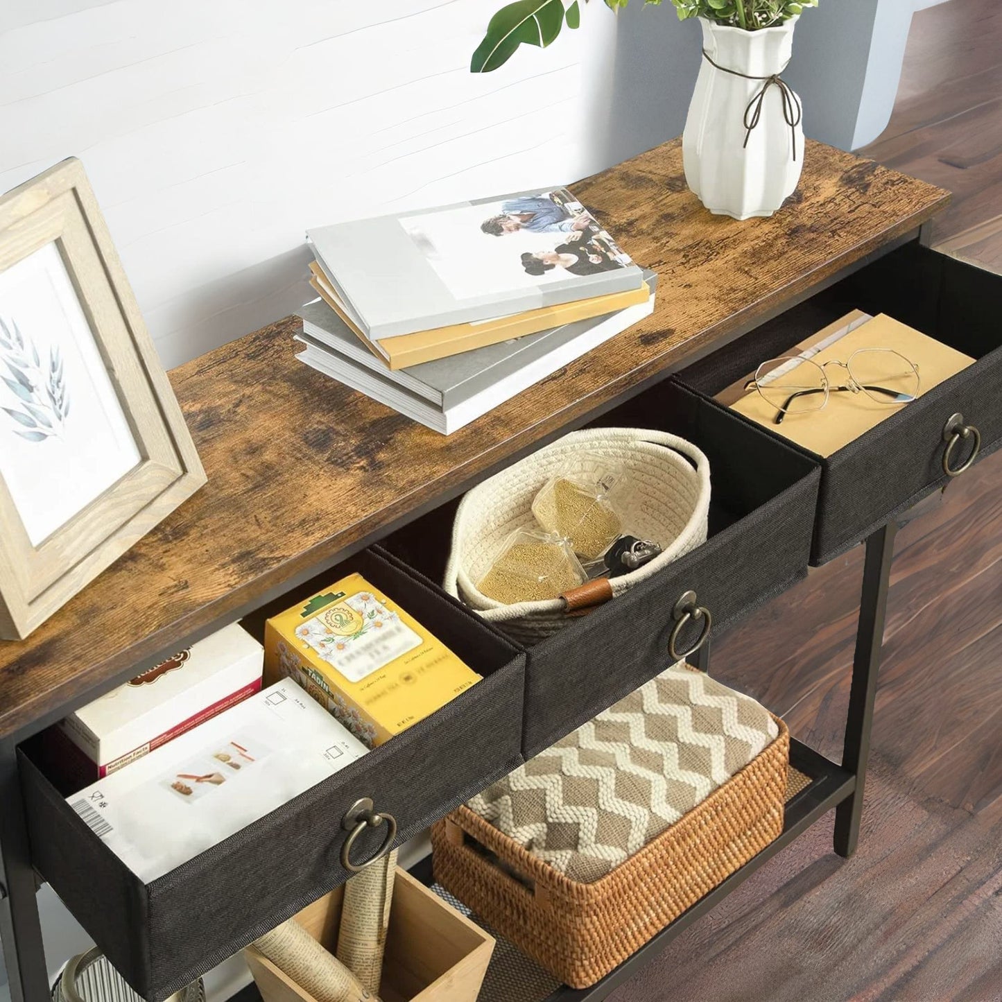 slim sofa table with 3 non-woven drawers