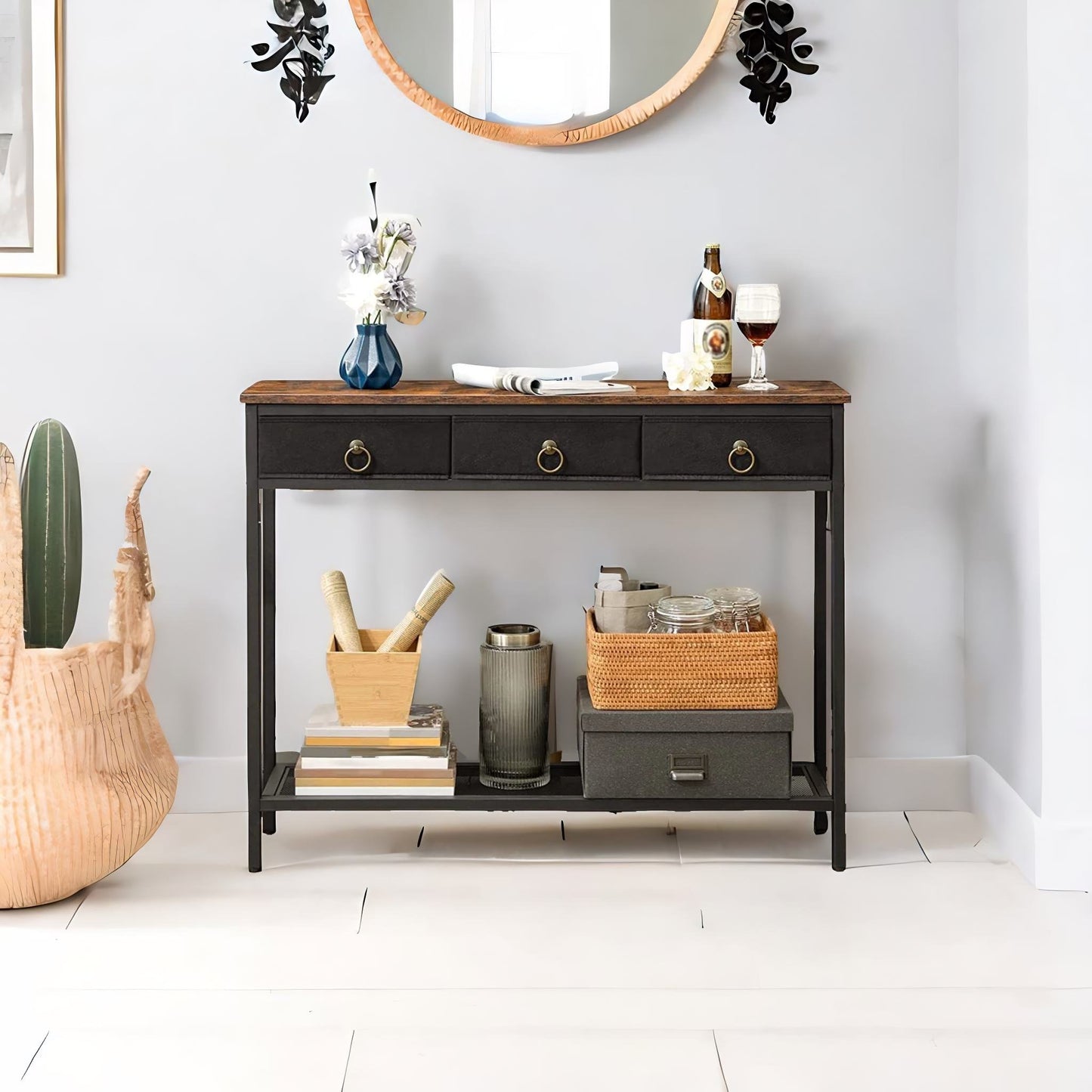 slim sofa table with 3 non-woven drawers