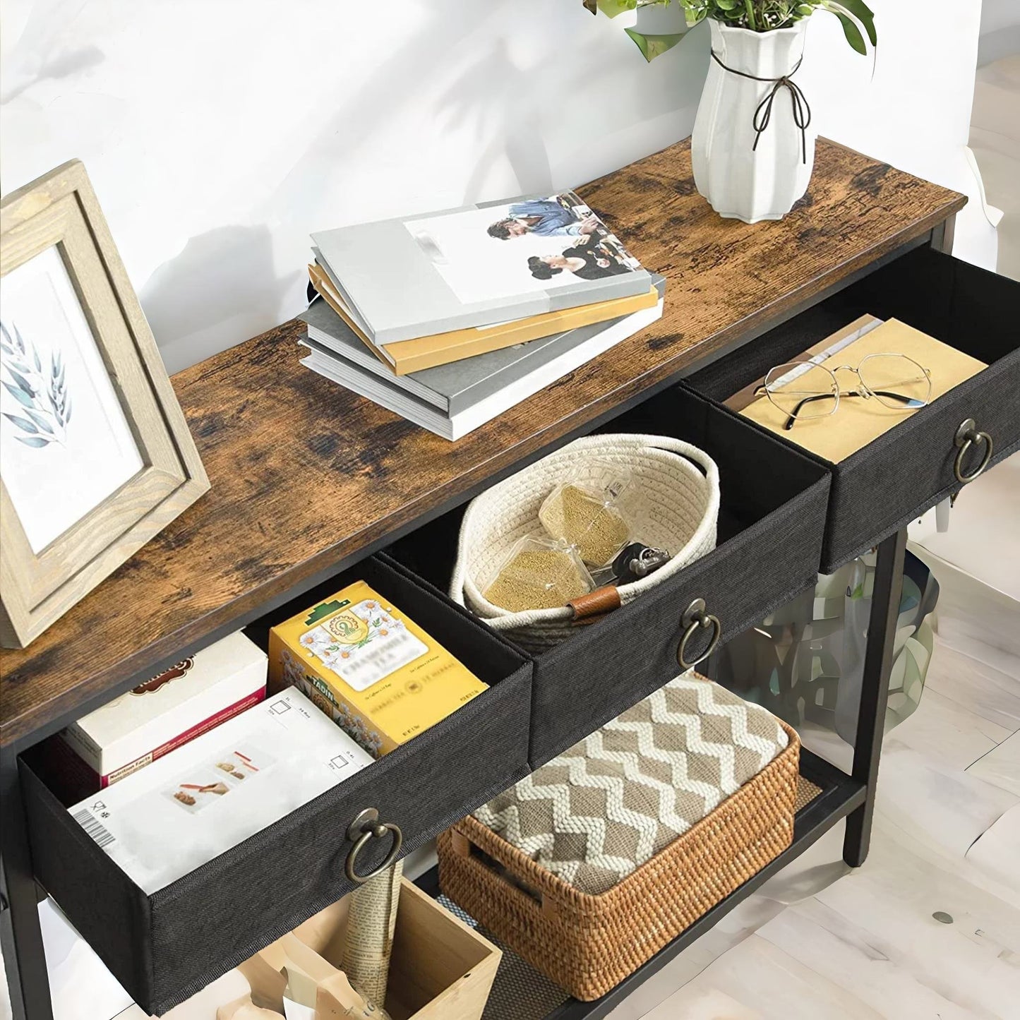 slim sofa table with 3 non-woven drawers