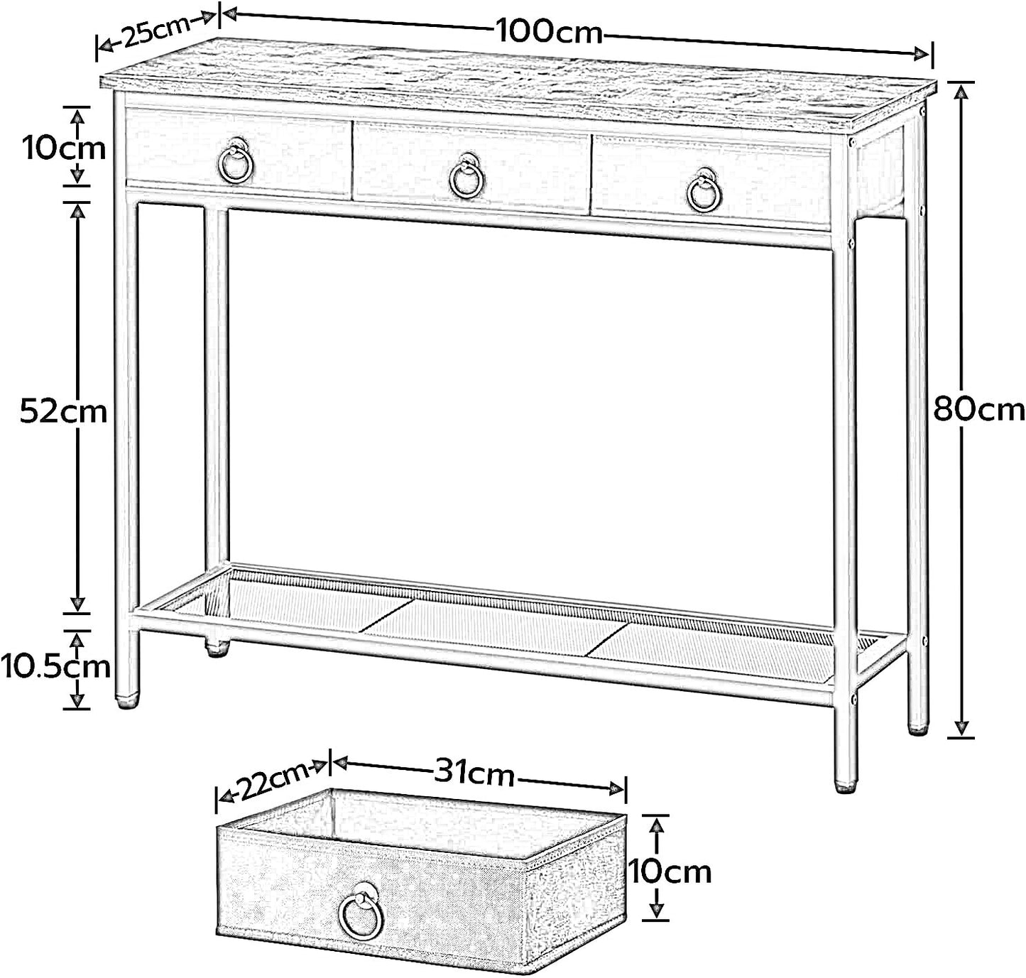 slim sofa table with 3 non-woven drawers