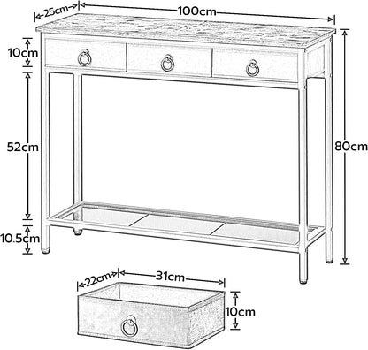 Slim Sofa Table with 3 Non-woven Drawers