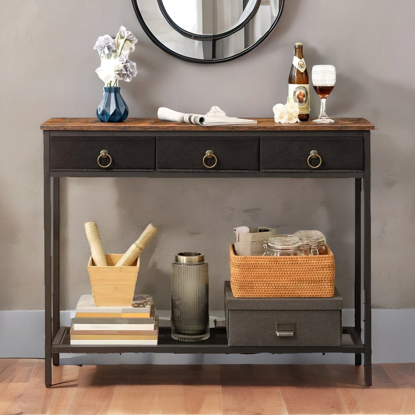 slim sofa table with 3 non-woven drawers