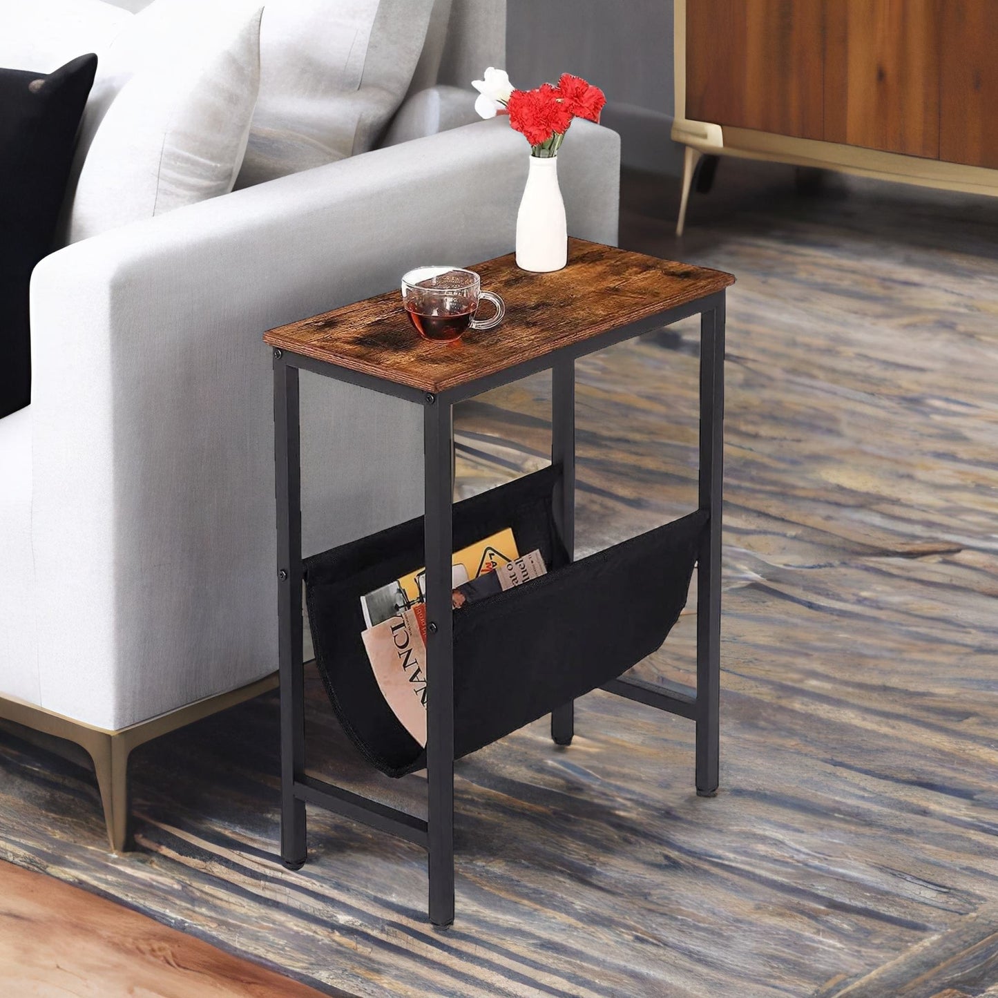 slim sofa side table with magazine holder sling