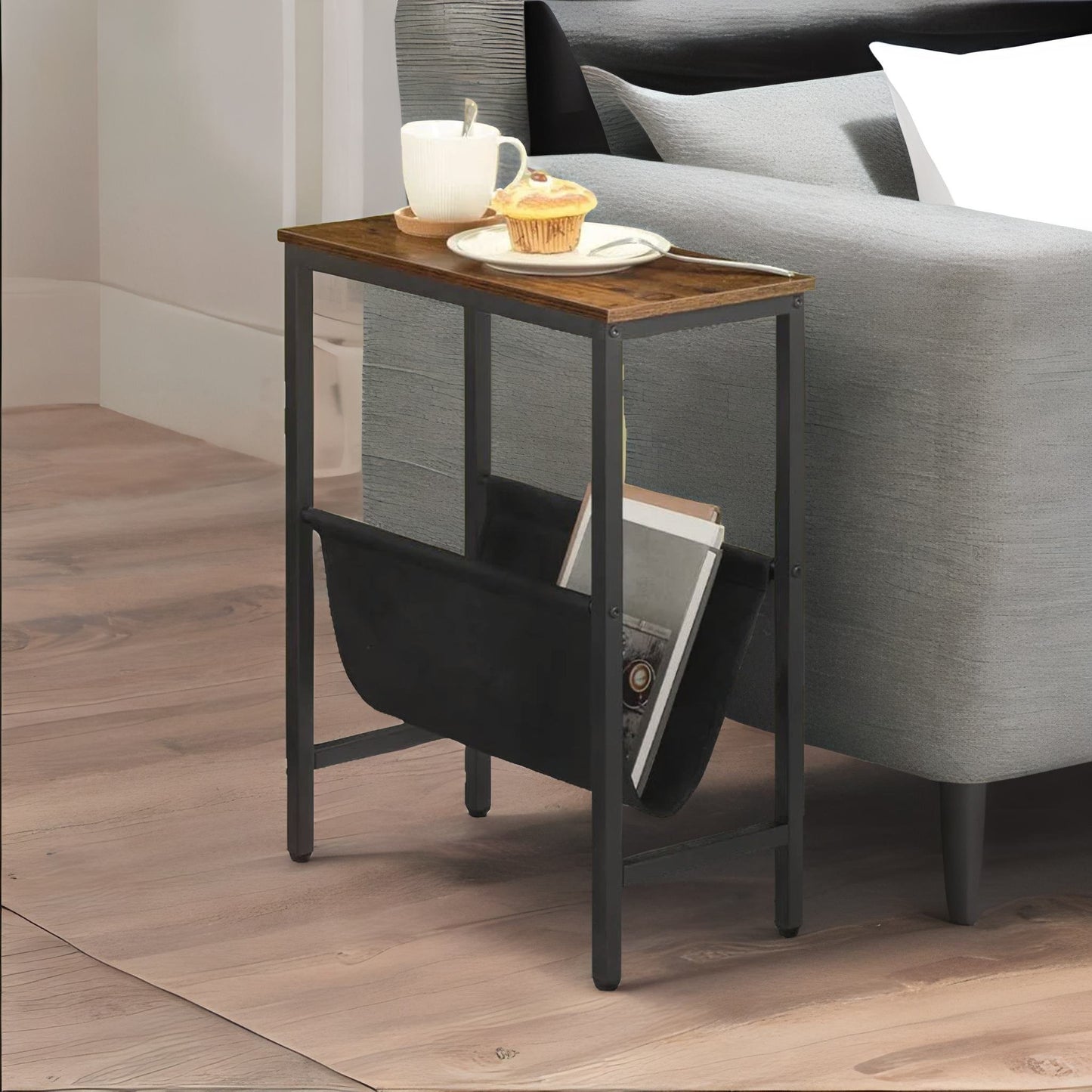 slim sofa side table with magazine holder sling