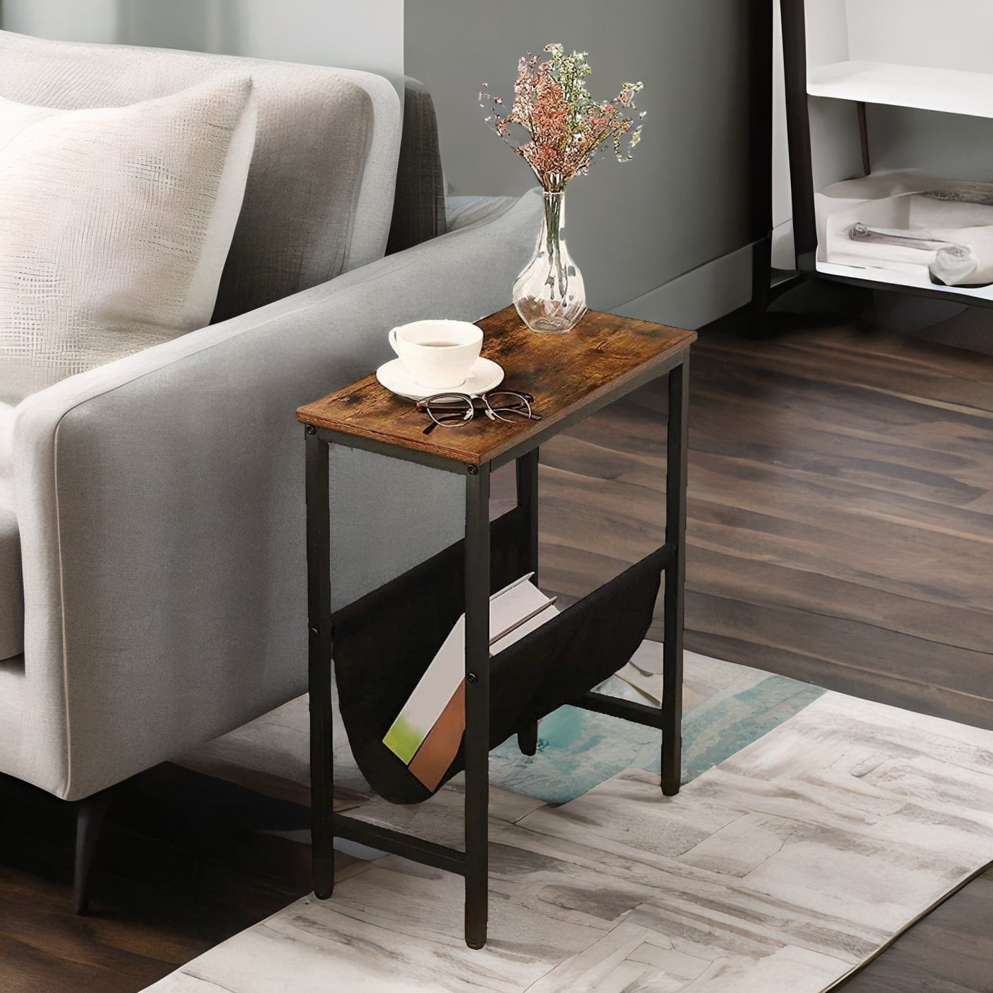 slim sofa side table with magazine holder sling