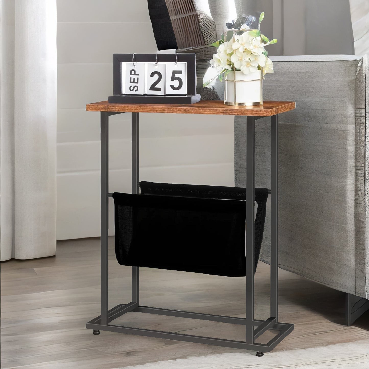 bedside table with magazine holder sling