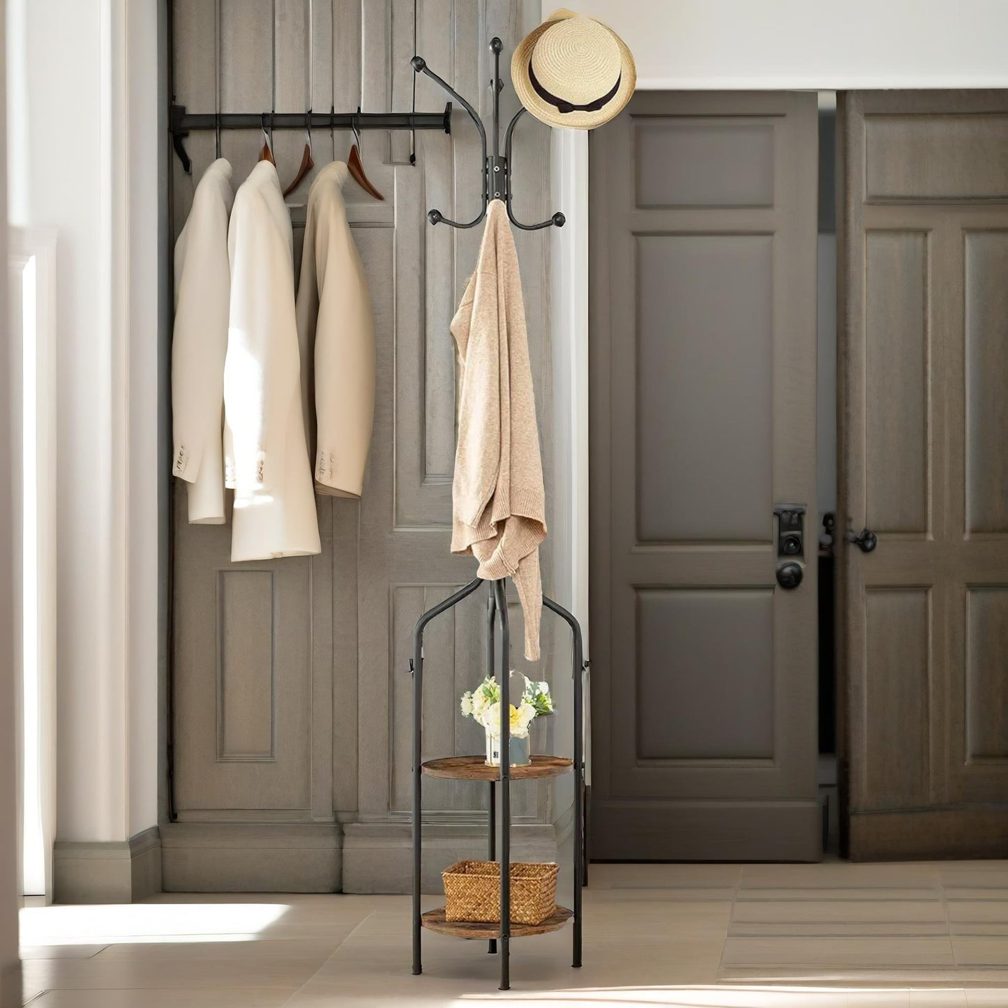 coat stand with 2 shelves and 8 hooks