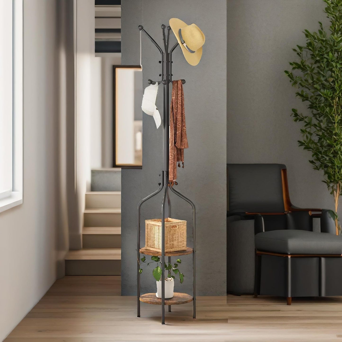 coat stand with 2 shelves and 8 hooks