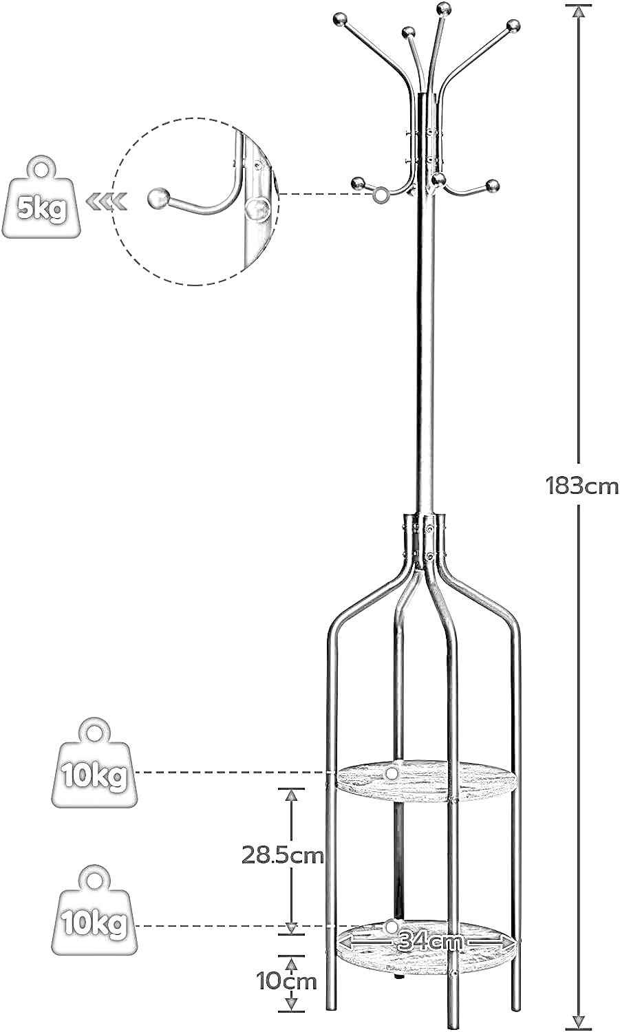 coat stand with 2 shelves and 8 hooks