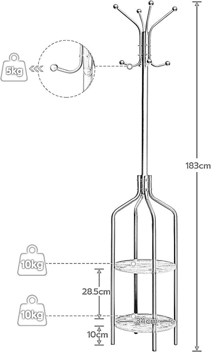 Coat Stand with 2 Shelves and 8 Hooks