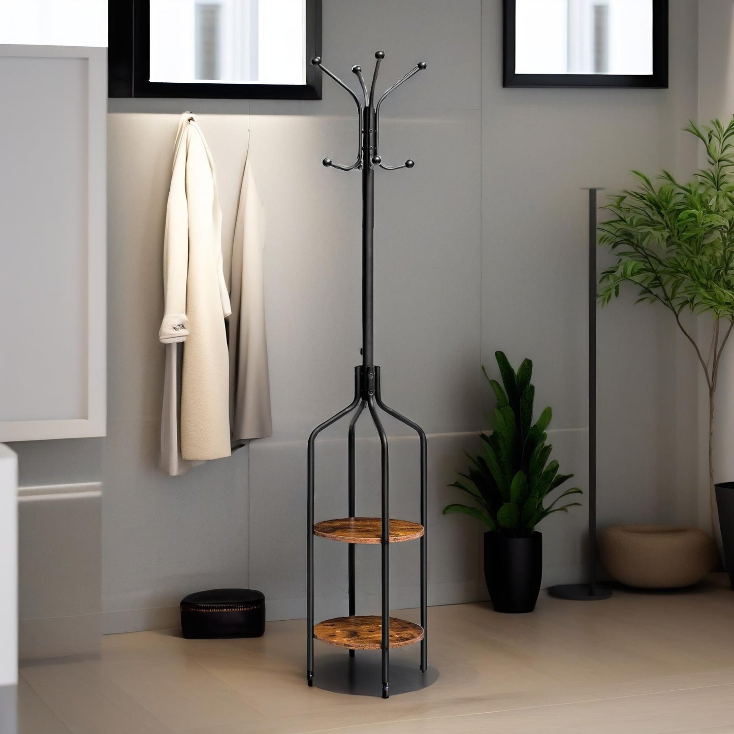 coat stand with 2 shelves and 8 hooks