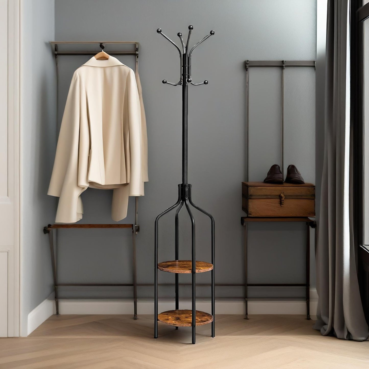 coat stand with 2 shelves and 8 hooks