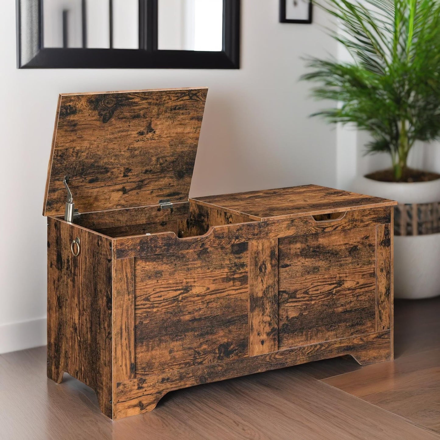 wooden storage trunk with 2 lids