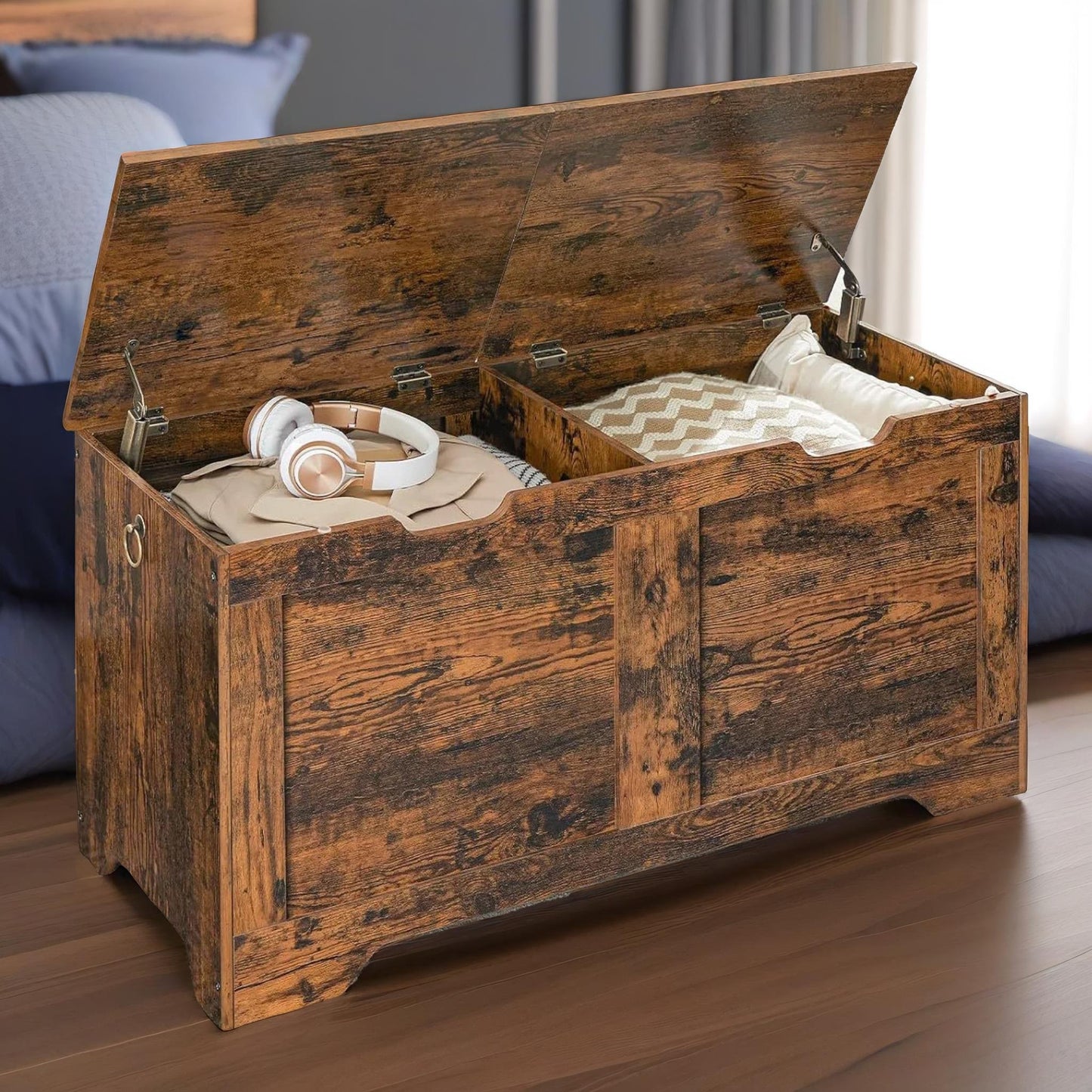 wooden storage trunk with 2 lids