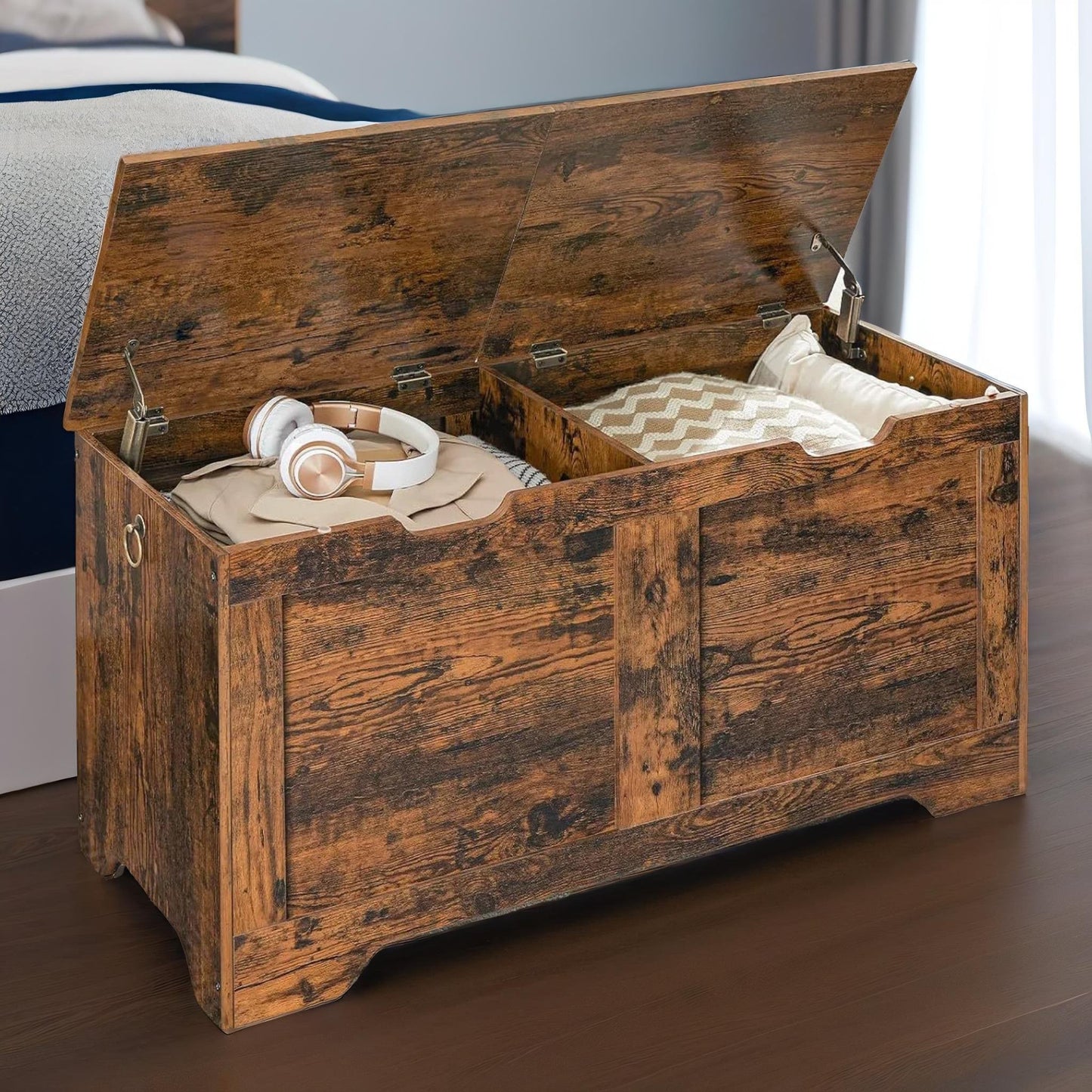 wooden storage trunk with 2 lids