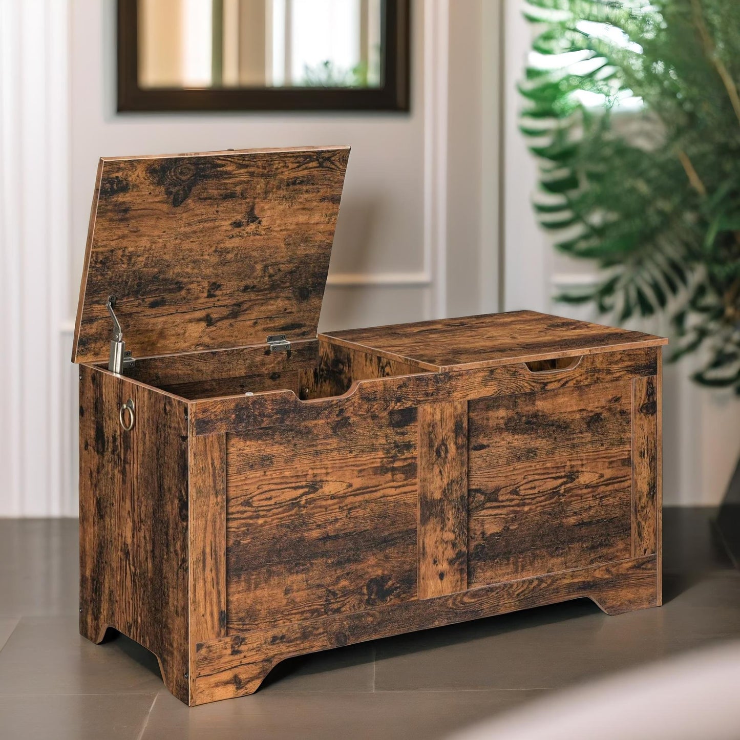 wooden storage trunk with 2 lids