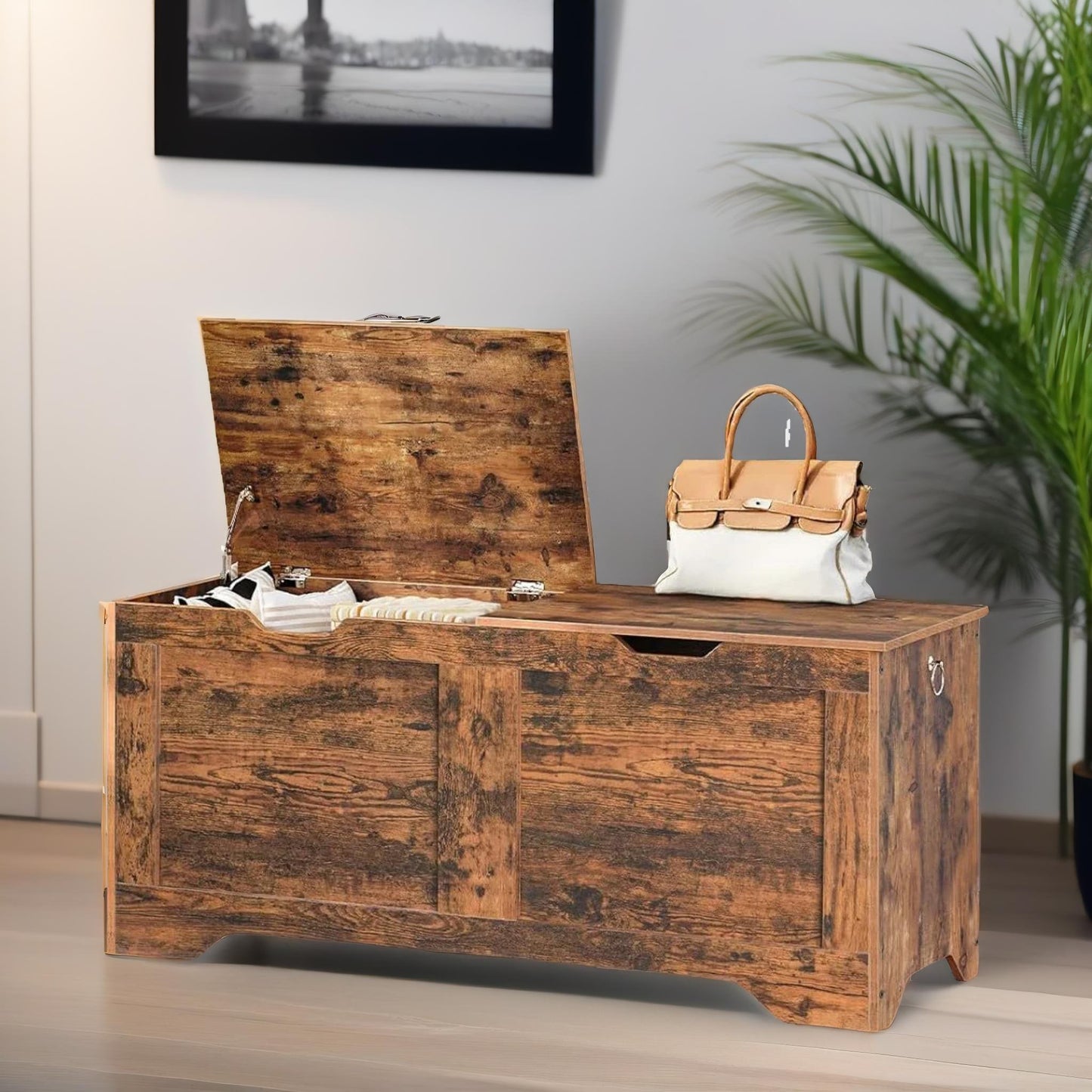 wooden storage trunk with 2 lids