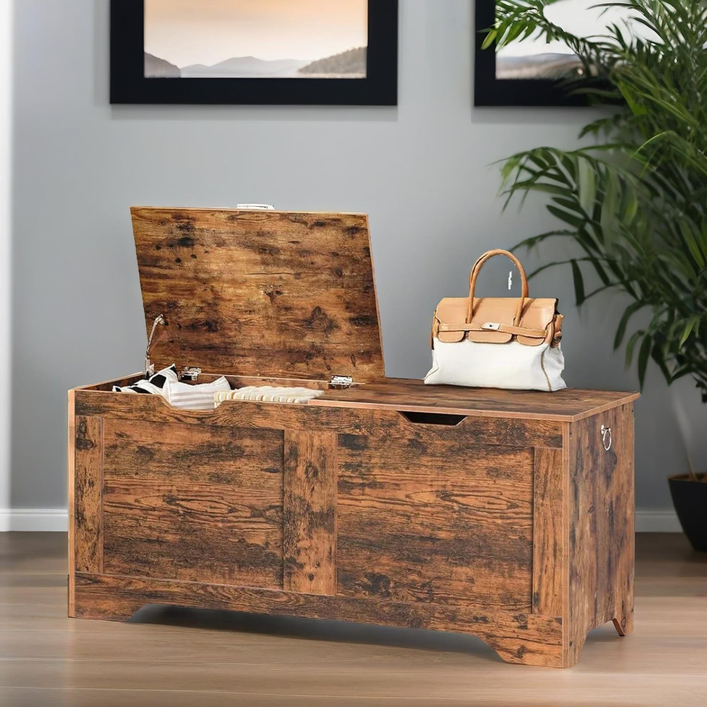 wooden storage trunk with 2 lids