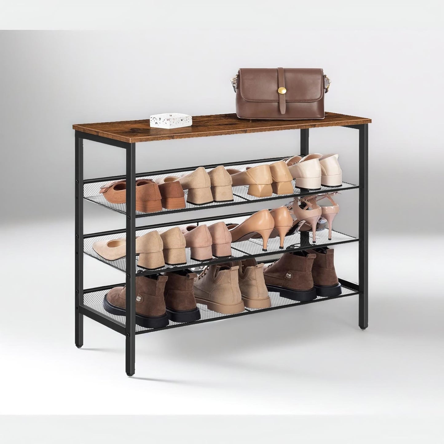 4-tier shoe rack with 3 adjustable mesh shelves