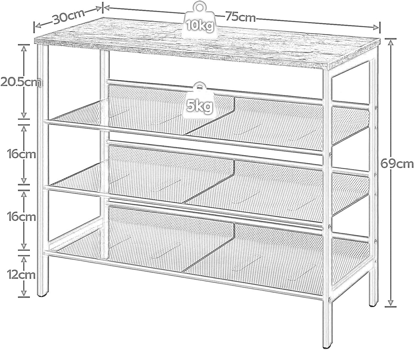 4-tier shoe rack with 3 adjustable mesh shelves