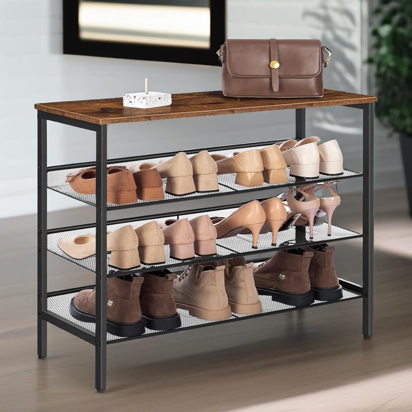 4-tier shoe rack with 3 adjustable mesh shelves