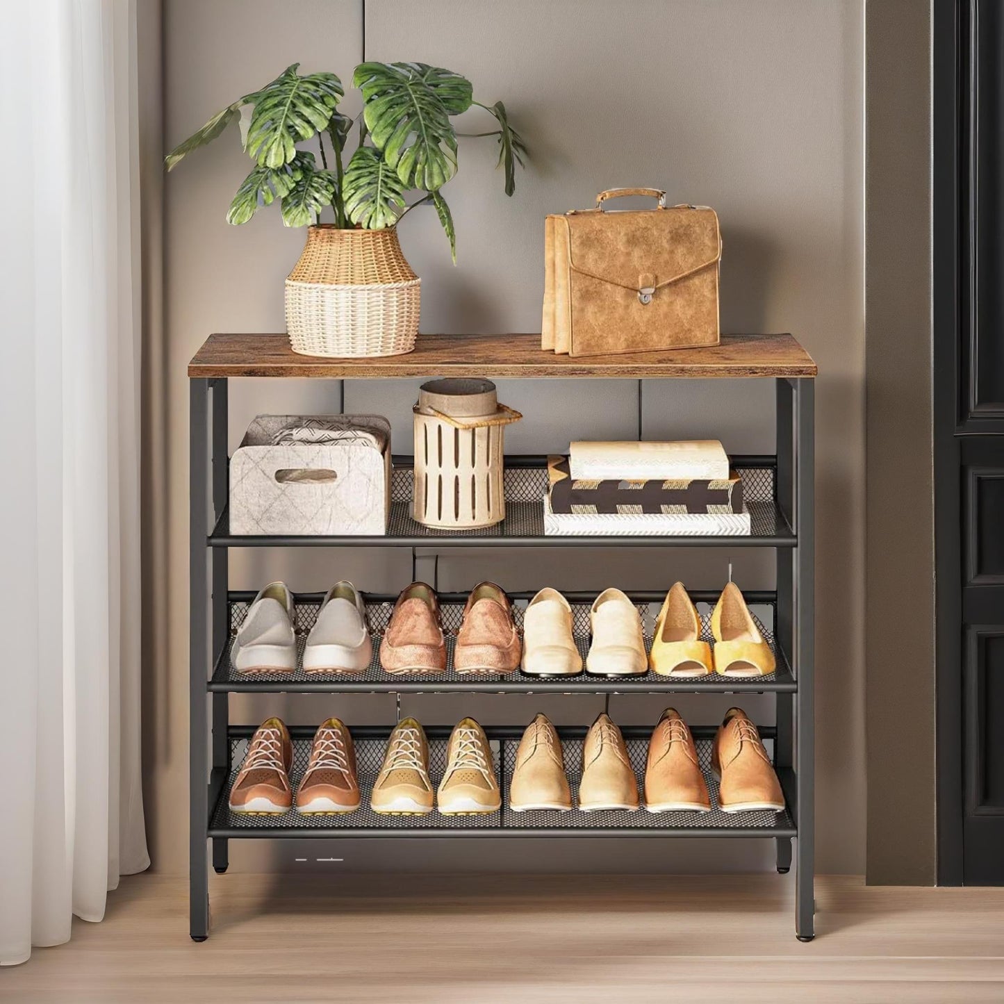 4-tier shoe rack with 3 adjustable mesh shelves