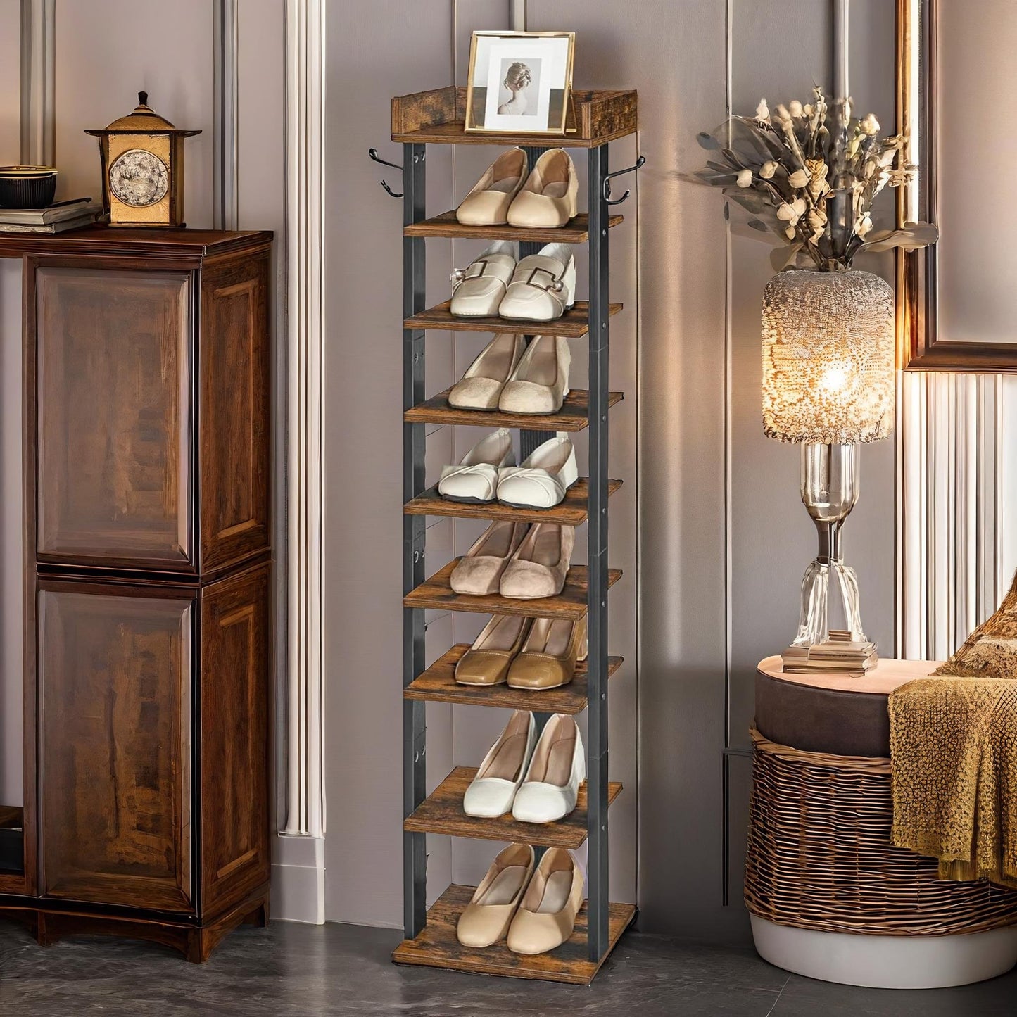 9 tier shoe rack narrow brown