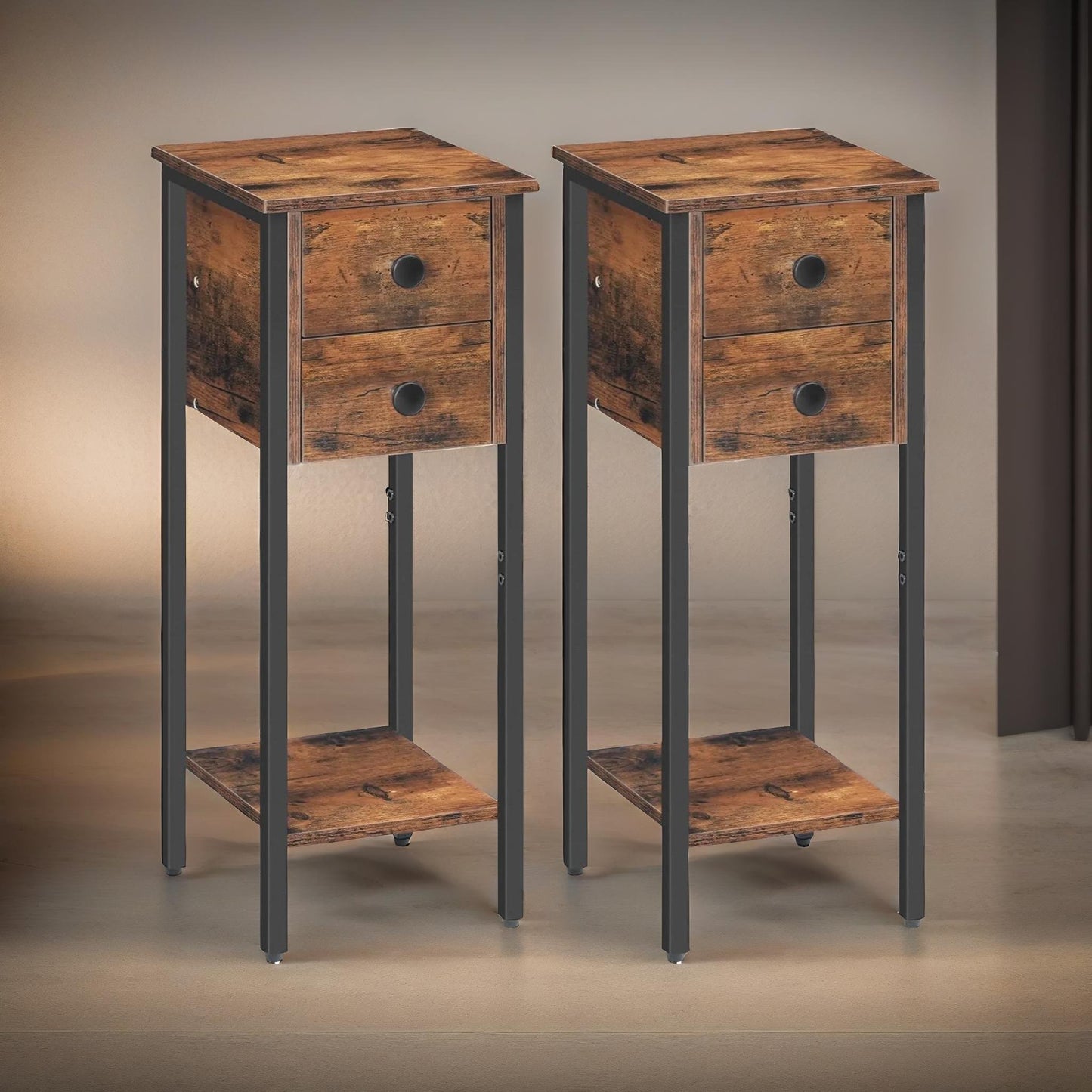 set of 2 double drawer bedside tables brown