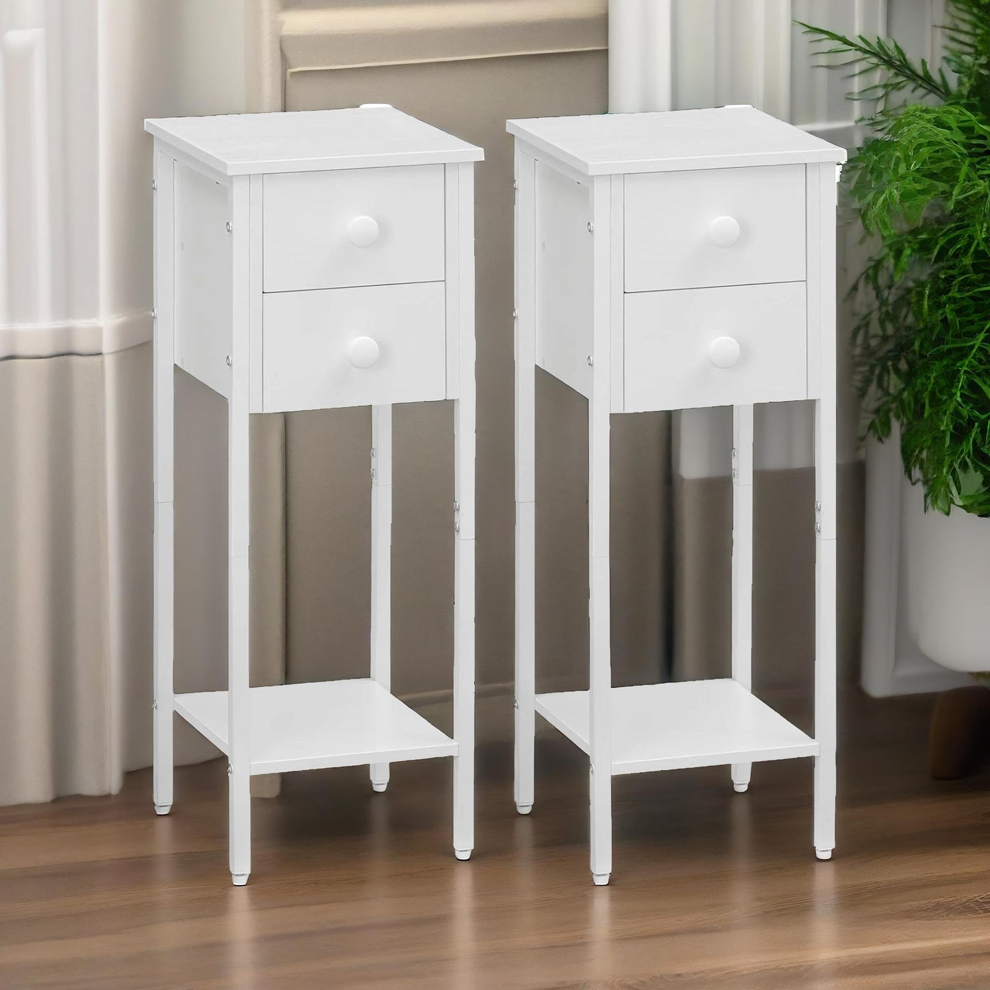 set of 2 double drawer bedside tables white